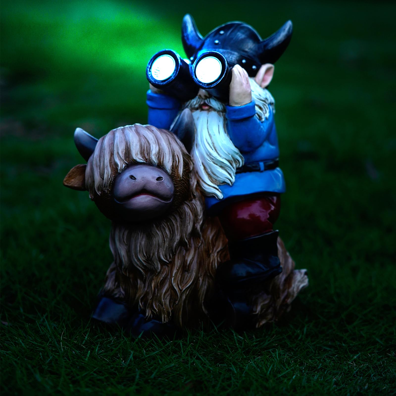Joint Honglin Garden Gnome Statues Resin Gnome Sitting on Highland Cow Solar Lights Outdoor Telescope Gnome Gifts for Yard, Patio Decor Gift(Cow Gnome)