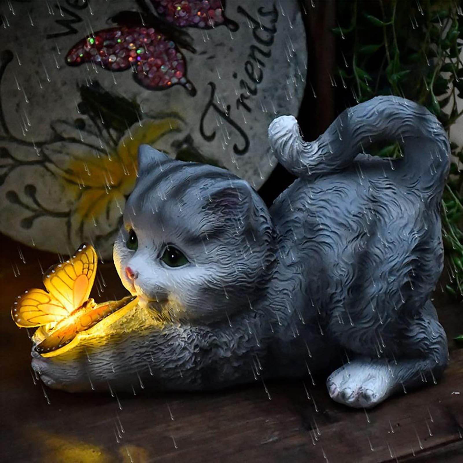 Tuzsocr Solar Powered Cat Statue,Butterfly Solar Lights for Outdoor,Decorative Animal Figurine for Garden,Waterproof Resin Sculpture,LED Lighting,for Lawn,Terrace (Style 1)