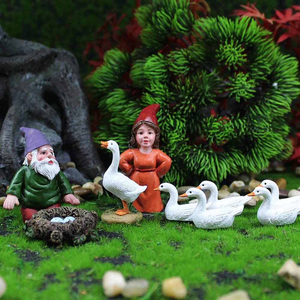 Fairy Tale Garden Accessories, Miniature Gnome Statue and Large White Goose Statue 9 Pieces Set, Garden Gnome Statue for Planter Decoration, Home Decoration, Fairy Tale Garden
