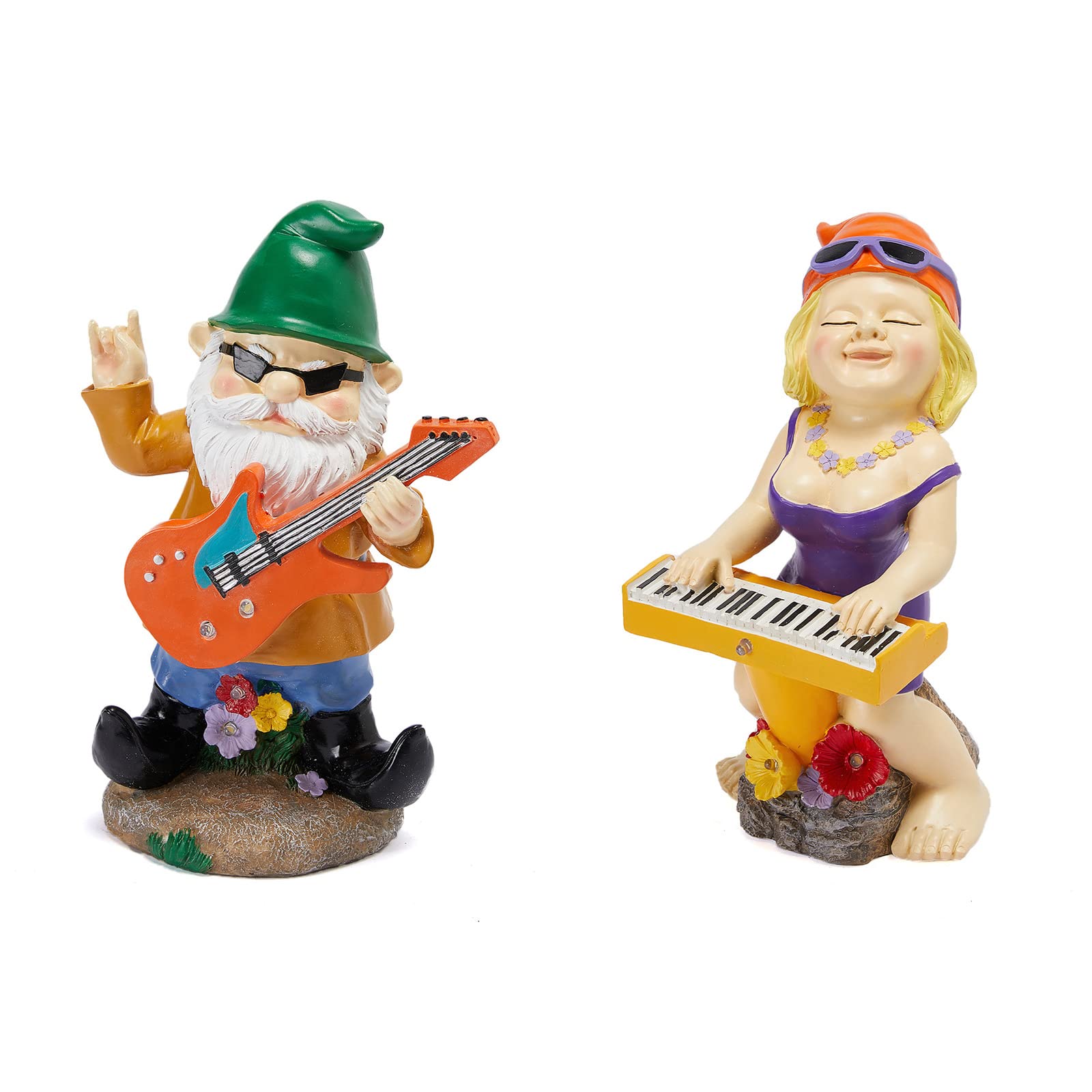 Rock N Roll Musician Gnomes with Solar LED Light Instruments | Set of 2 | Musician, Pianist, Guitarist Garden Statue, Yard Art Décor, Indoor & Outdoor Ornament for Lawn, Patio Sculpture - 10"-11" H