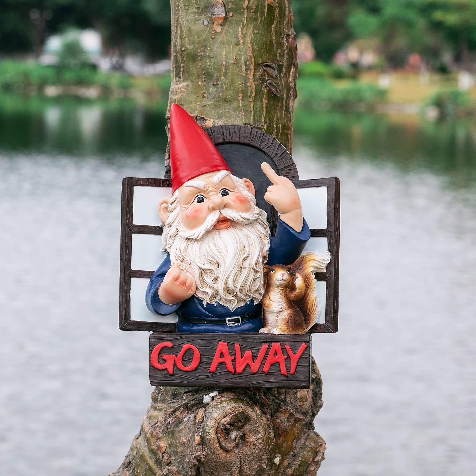 Angry Middle Finger Gnome Garden Statue - Wacky Fantasy Naughty Gnome Figurine Flipping Off Guests - Resin Home Wall Tree Hanging Decor