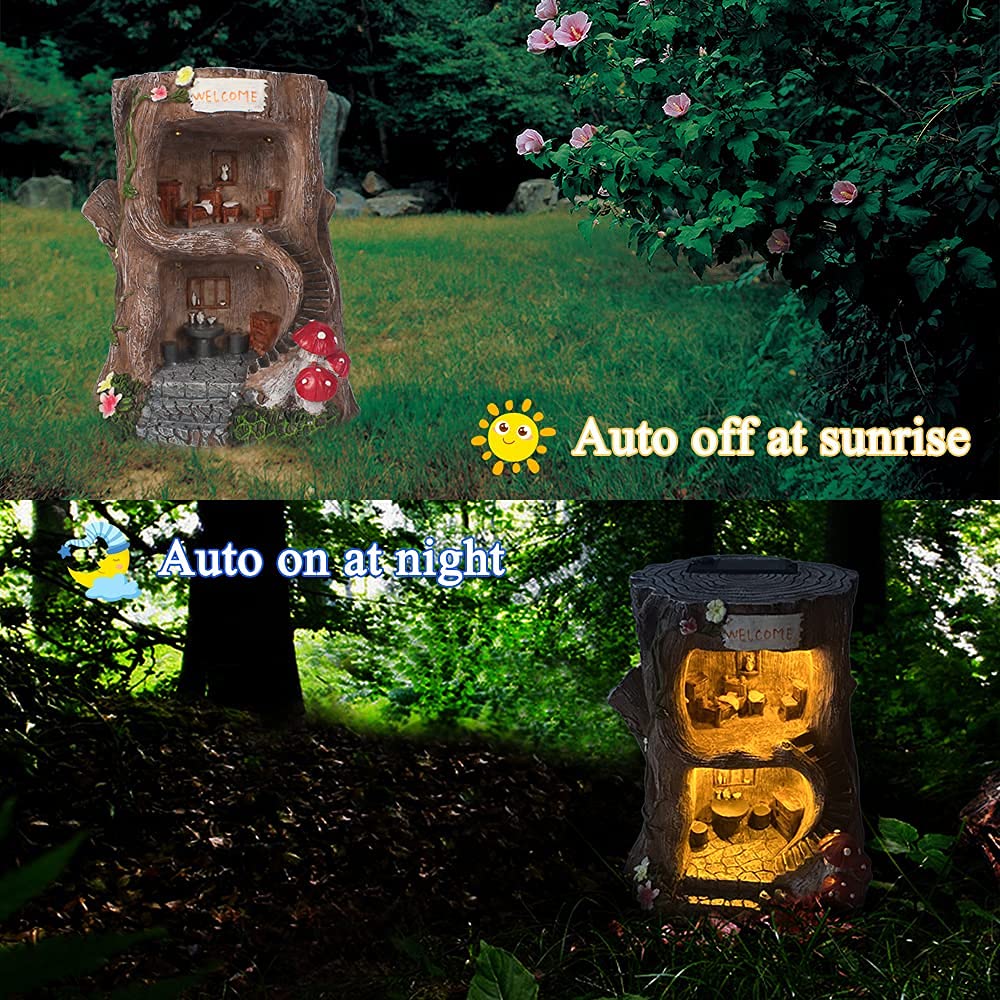 BEXLEYBAY Solar Light Gnome Fairy House Outdoor Statues, Big Size Elf Miniature Buildings Sculptures for Garden Patio Lawn Path Decorations, 8" Tall