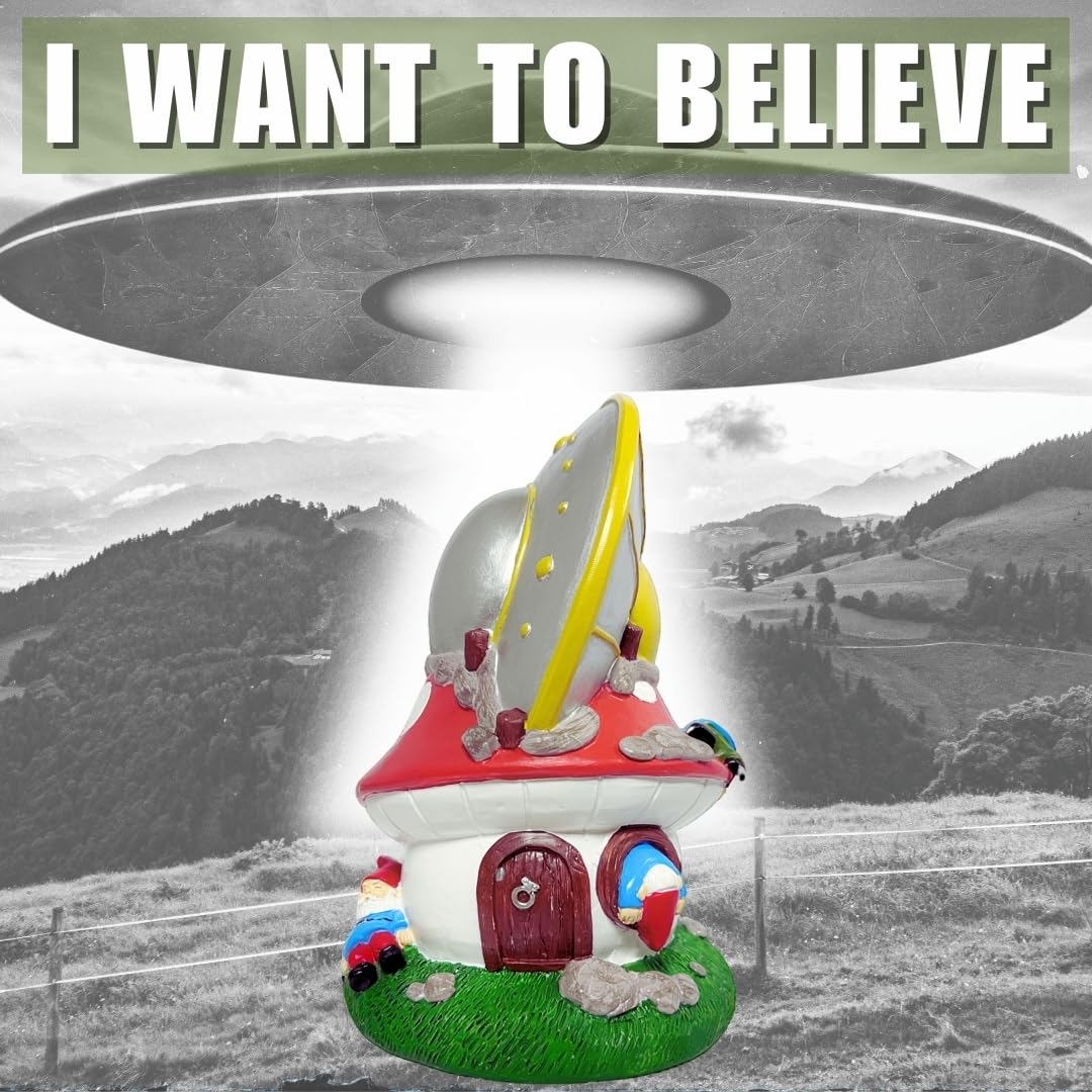 Gnometastic Gnomes - UFO Gnome, 8.85in, Mushroom House Garden Gnomes with Alien UFO Crash Landing - Funny Garden Gnomes Decorations for Yard and Outdoor Lawn Ornament and Fairy Garden Accessories