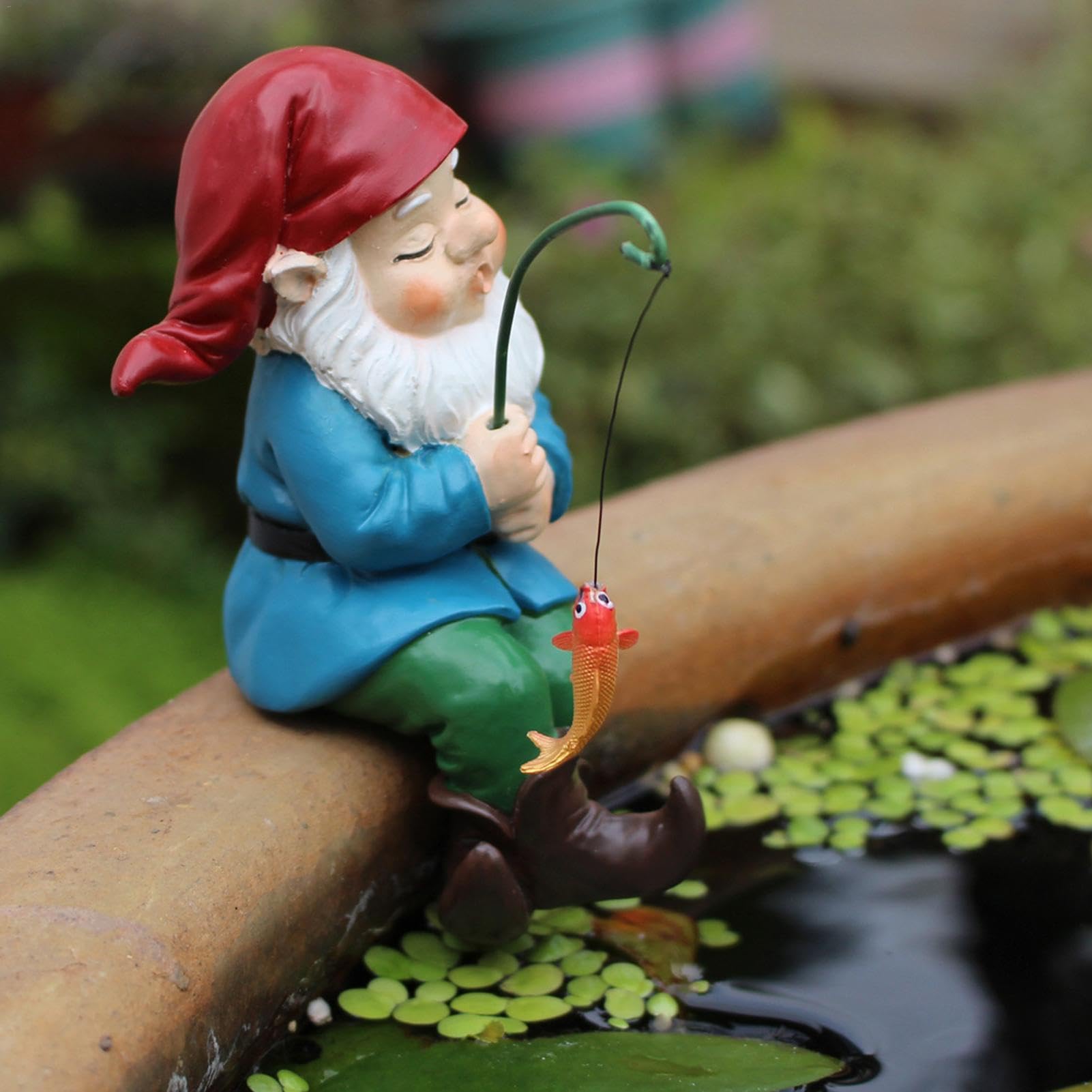 Fishing Garden Gnome Statue - Welcomes Little Guy With Rod, Funny Decorations for Pond Waterfalls