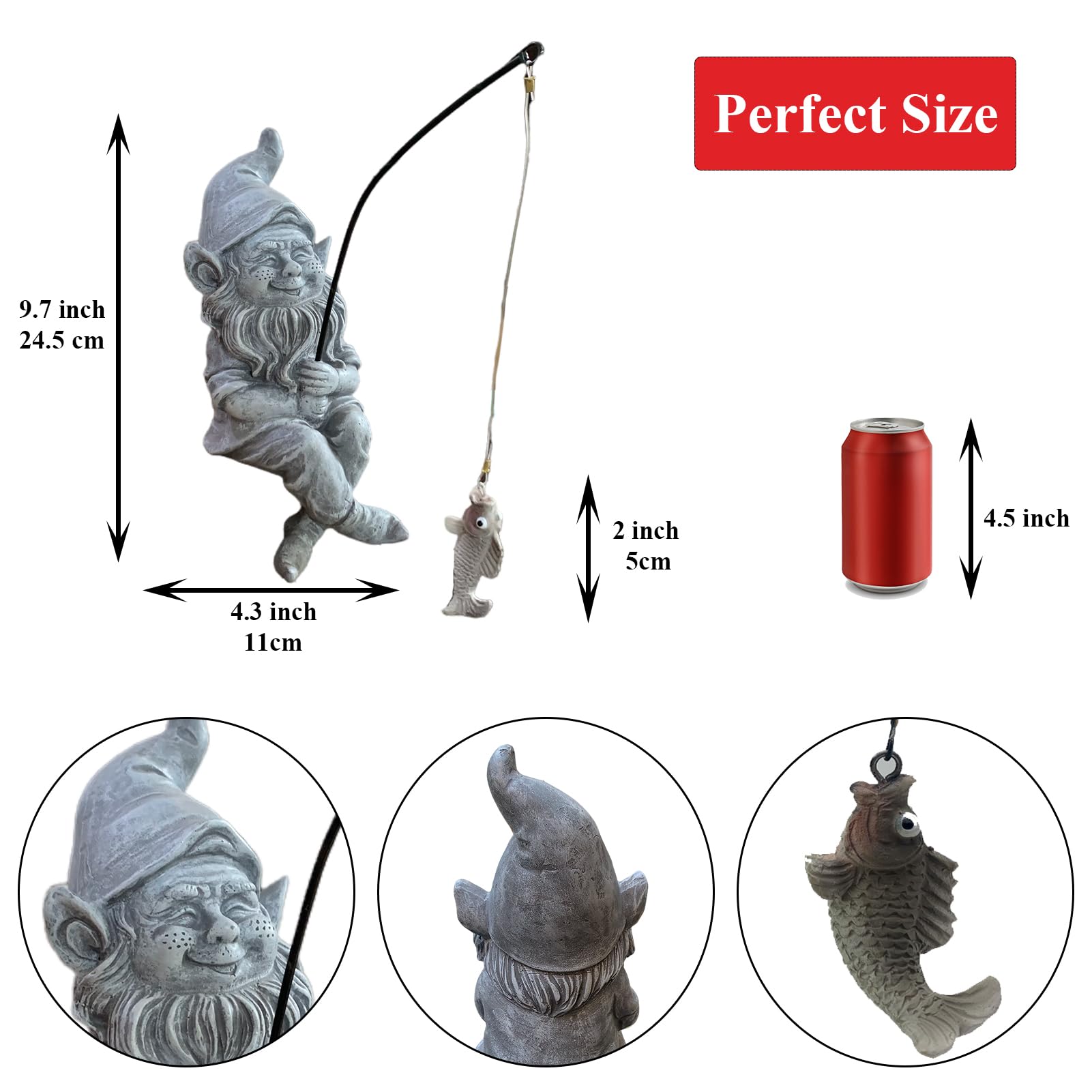Garden Gnome Pond Statue Decoration, Fishing Gnome Garden Statue Outdoor Koi Pond or Waterfall Decor, 9.7" Stone Gnome Fishing Poolside Statue with Glow in Dark Pebbles Included, Great Gifts for Mom