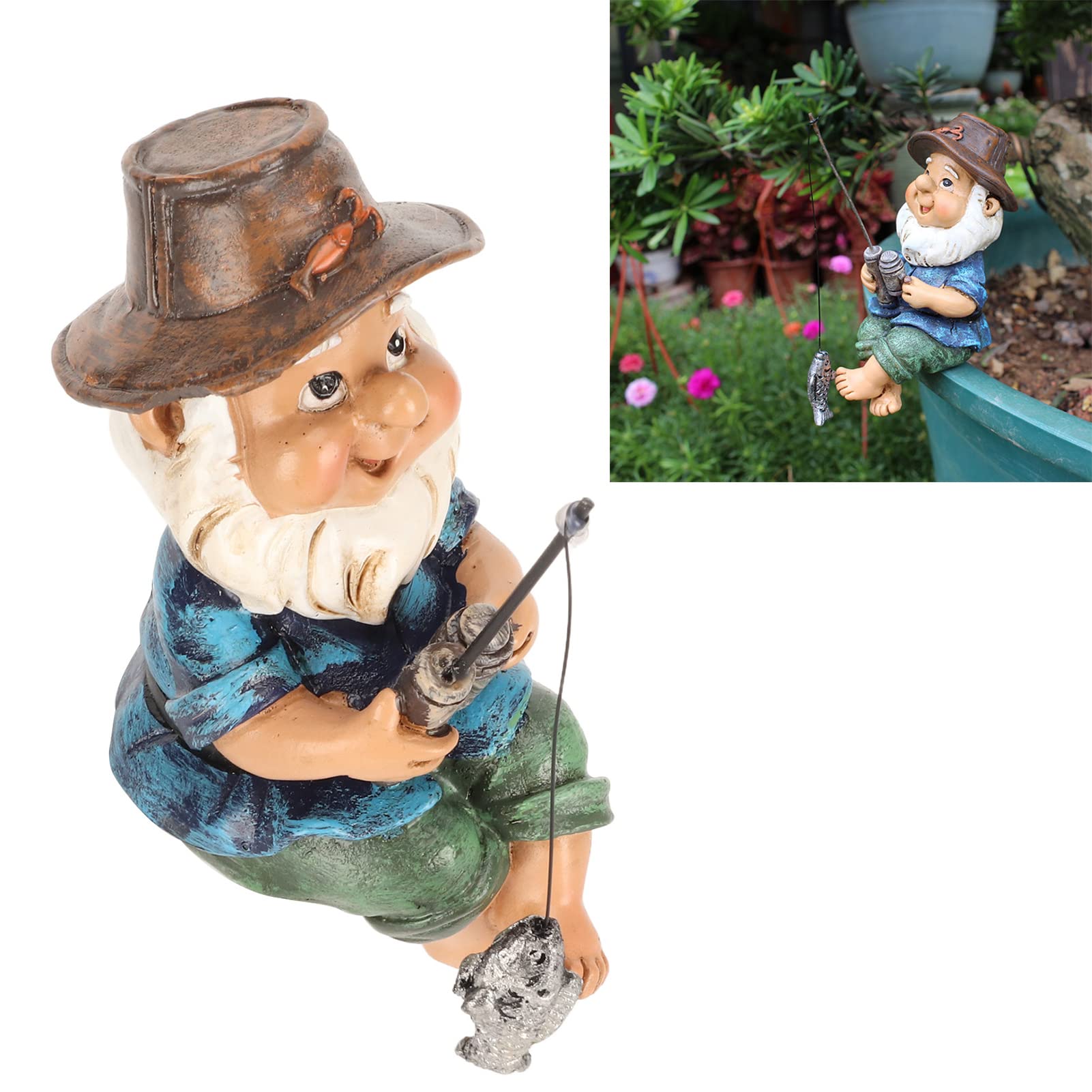LEEZAD Fishing Gnome Sitter Statue, Gravel and Resin Casting Decorations, Interesting Seated Fishing Gnome Statue for Indoor/Outdoor Pond, Garden Patio