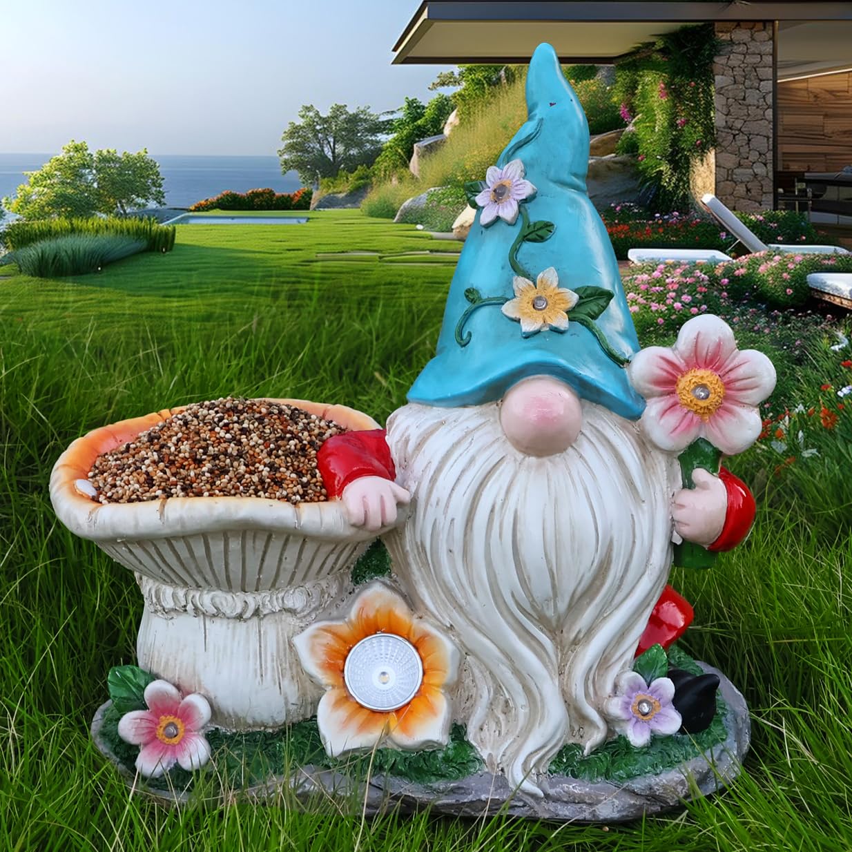Outdoor Solar Gnome Sculpture Feeder - Outdoor Sculpture Bird Eating Bird Bath Solar Lighting Blue Hat Gnome Decoration Outdoor Decoration Resin Garden Statue Backyard 11 Inch