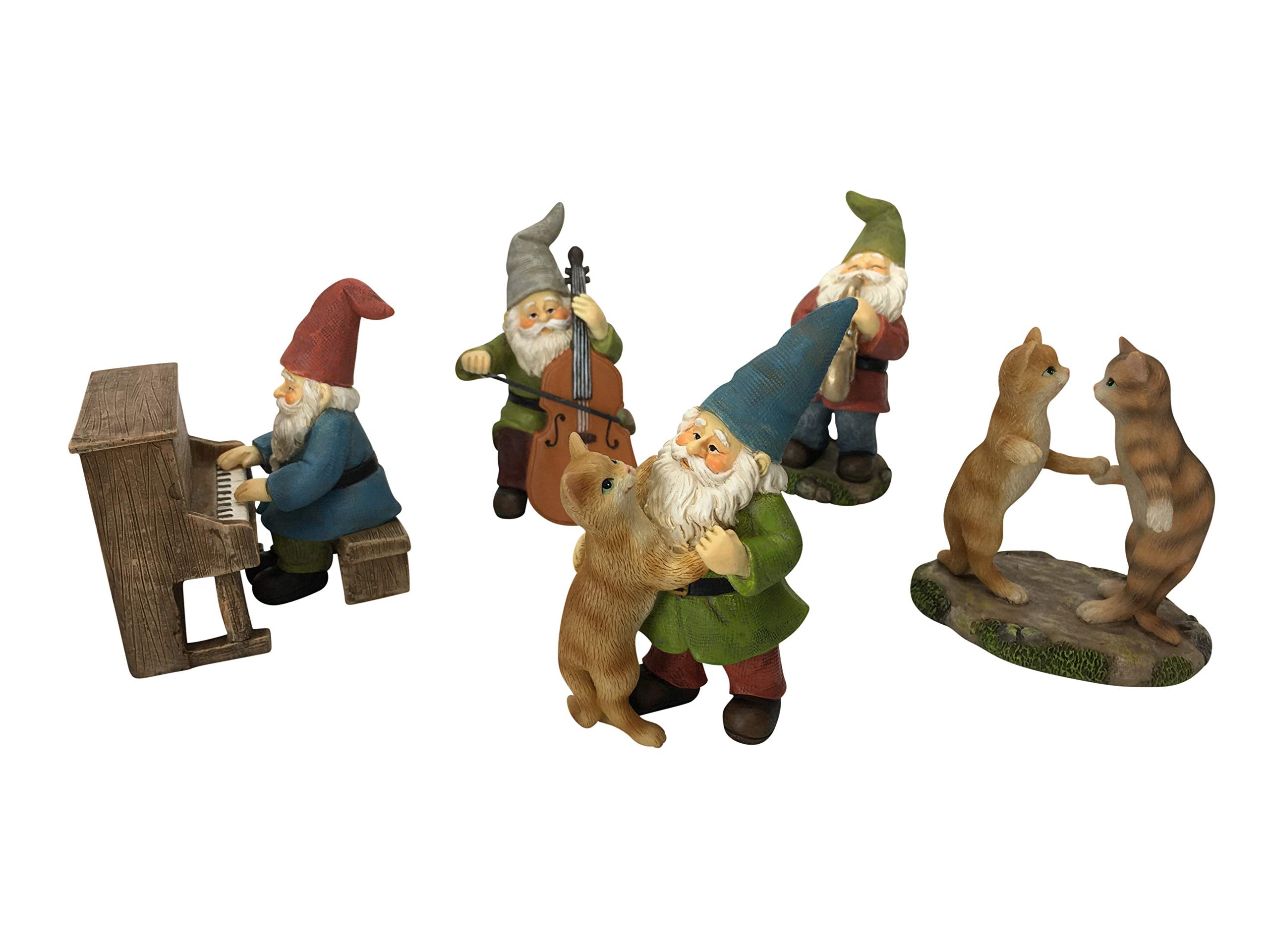 GlitZGlam Happy Miniature Gnomes and Cats Dancing Celebration! - 6-Piece Musical Garden Gnome Set for the Miniature Fairy Garden