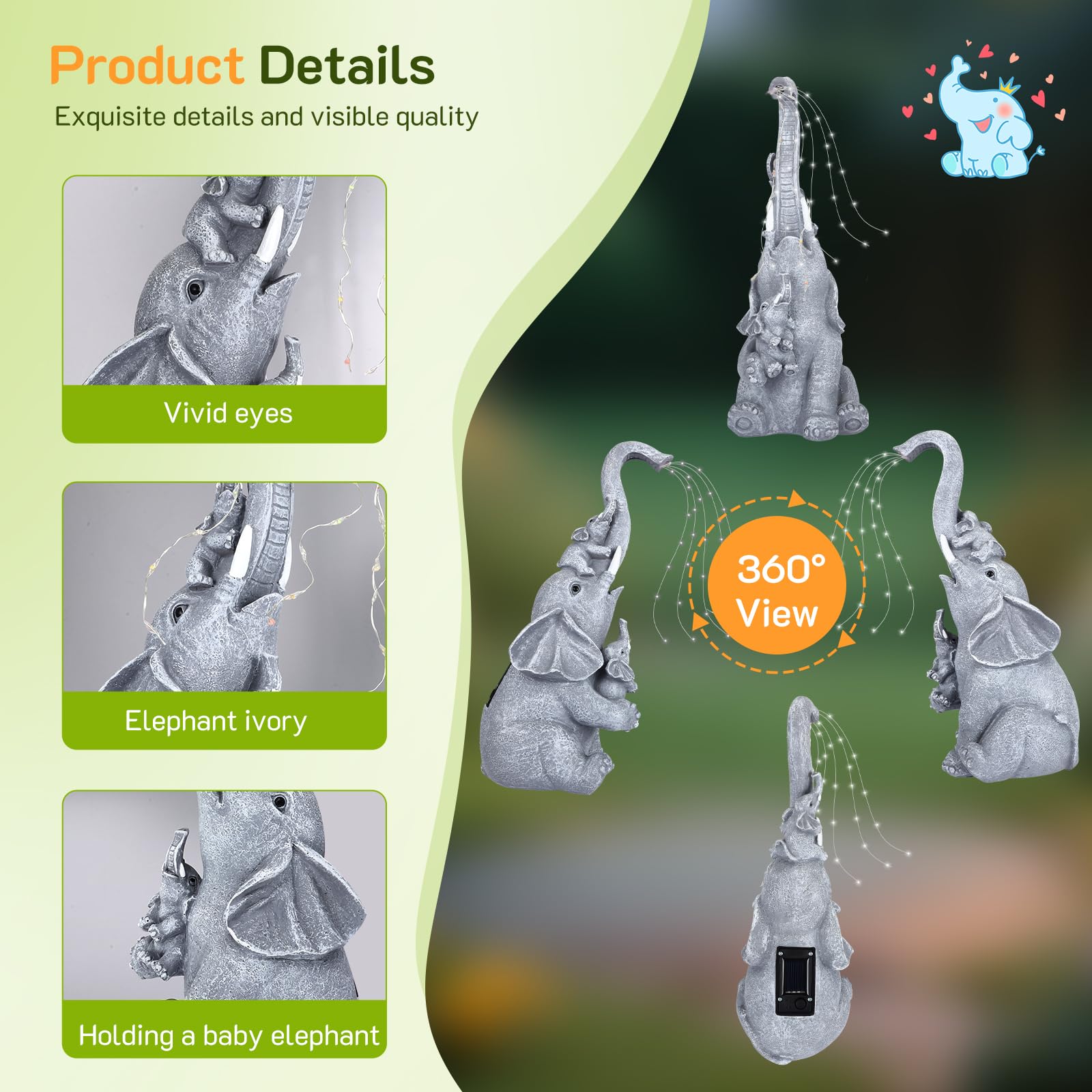 QCXWCJWD Garden Ornaments Outdoor Elephant Statue, 30cm Elephant Statue with Solar Watering Lights, Resin Elephant Ornaments with Solar Lights for Patio Yard, Waterproof Garden Elephant Gifts for Mum