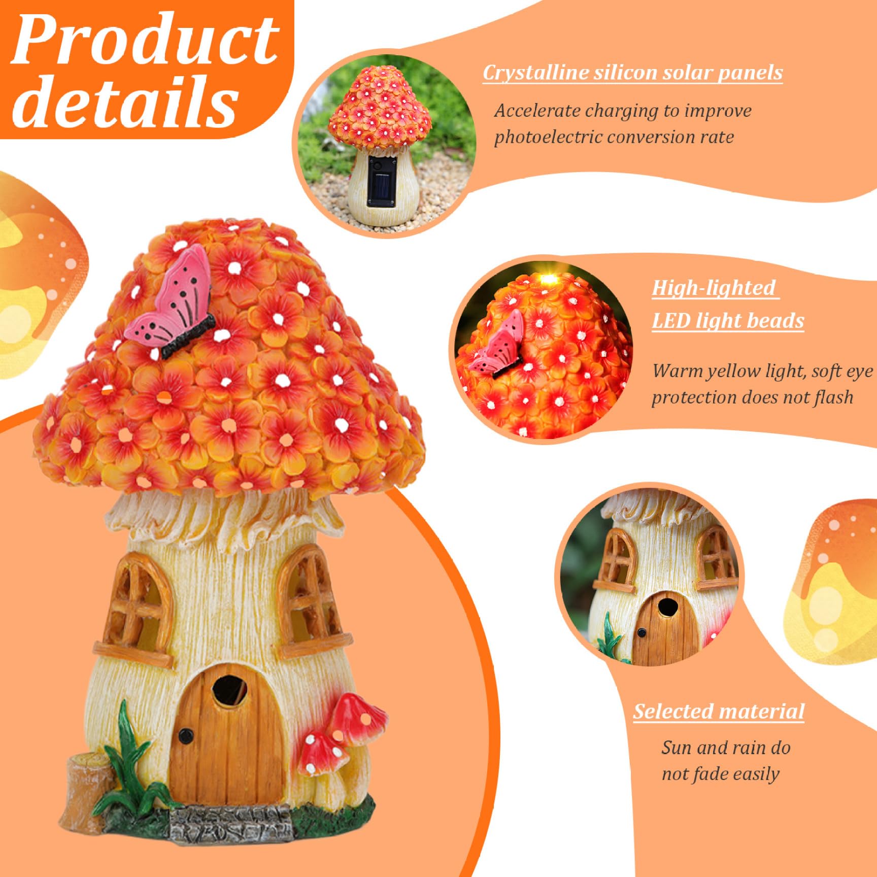 Porgeel Fairy House Solar Lights Waterrproof Resin Solar Fairy House Decorative Shaped Solar Garden Lights for Outside Patio Yard Decor Garden Ornaments