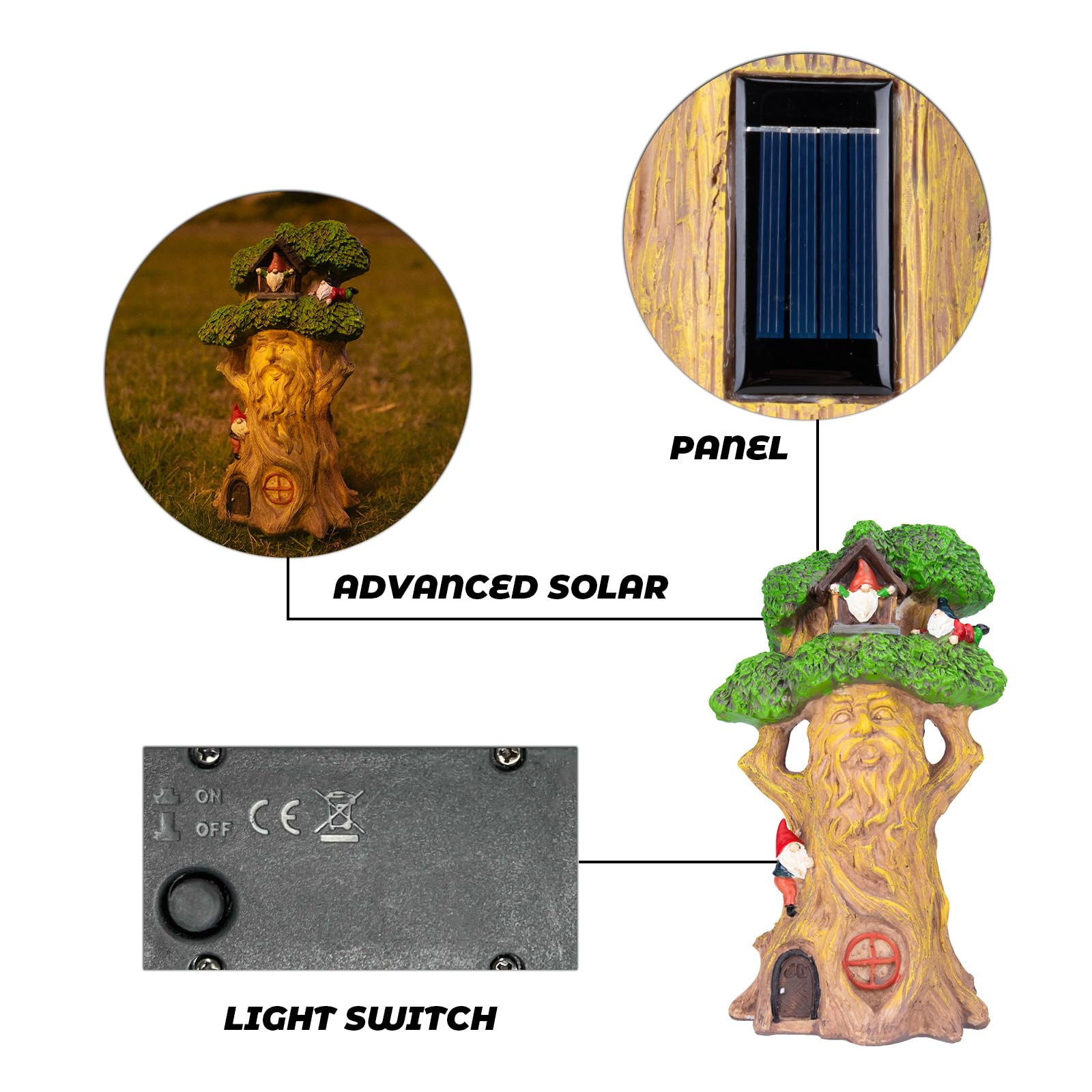 Ovewios Garden Gnome Statues with Solar Lights - 12.8 Inches Tall Resin Treehouse Figurine wtih Gnomes, Fairy House Lawn Ornaments for Outdoor Patio Yard Decoration