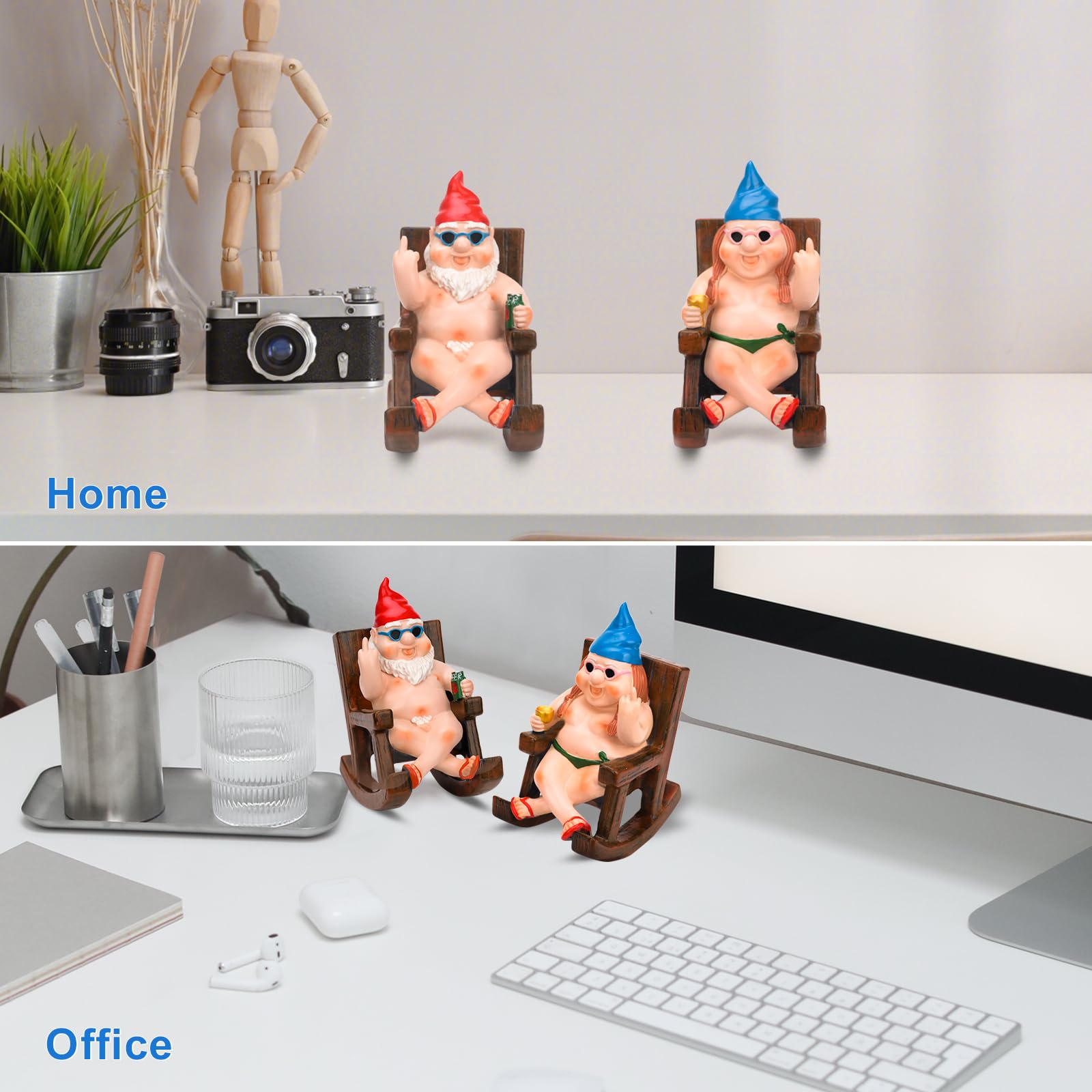 SepApr88 Garden Gnomes, Funny Naughty Naked Gnomes Figurines in Rocking Chair, Outdoor Garden Yard Lawn Statues, Middle Finger Resin Decor for Home Office（2Pcs, Sitting）