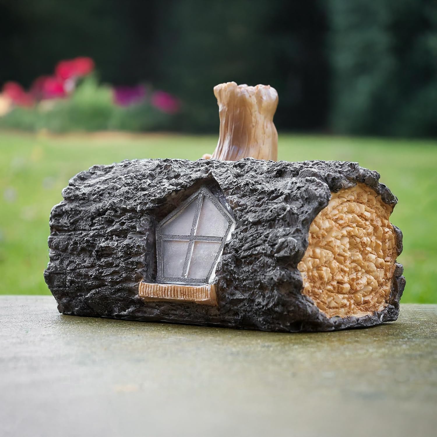 garden mile Solar Powered Light Up Log Fairy House Garden Solar Lighting Indoor Outdoor Ornament Wood Effect Resin Decoration - solar lights outdoor garden