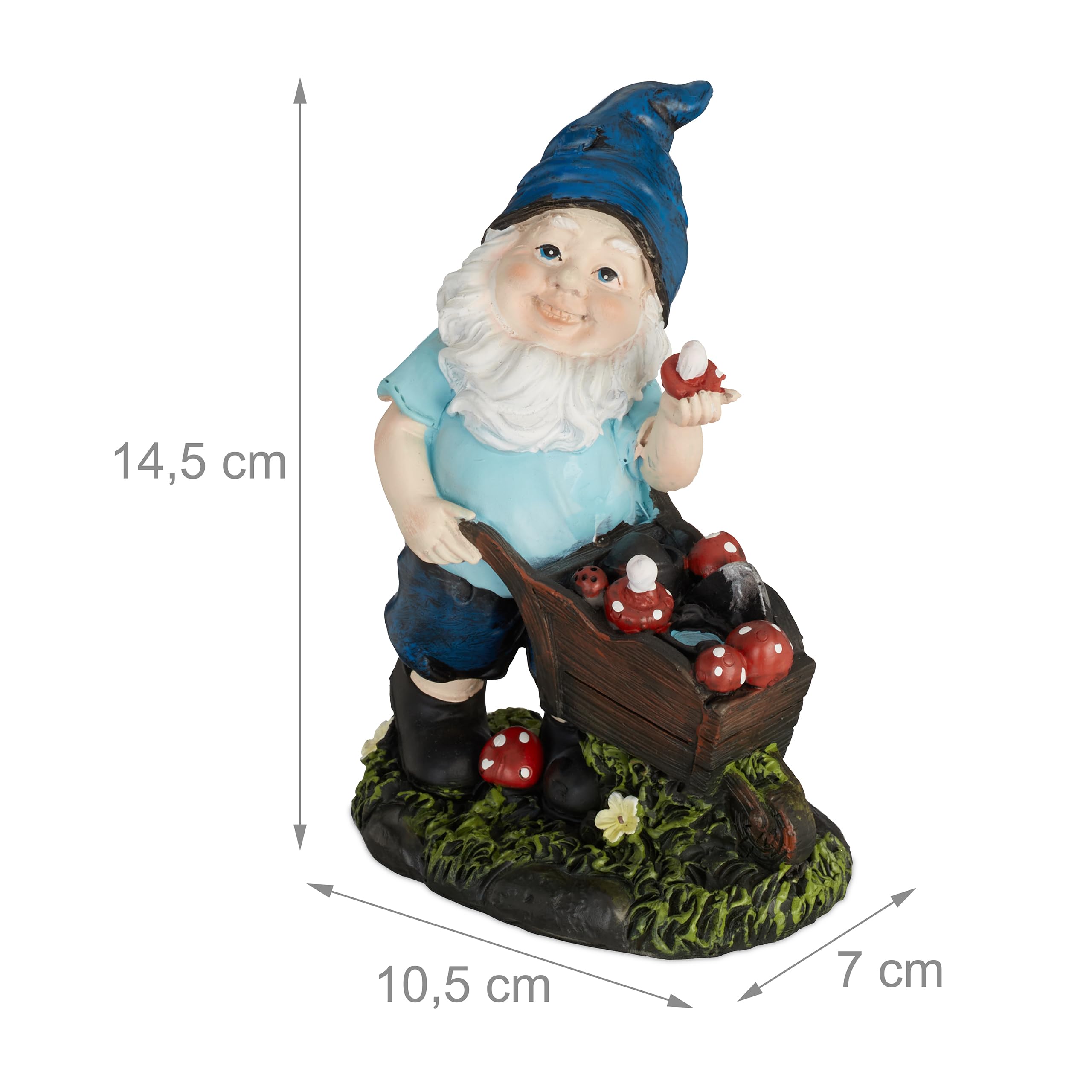 Relaxdays Garden Gnome with Toadstools, Weather & Frostproof, 14.5 x 10.5 x 7 cm, Figurine, Polyresin, Multicoloured
