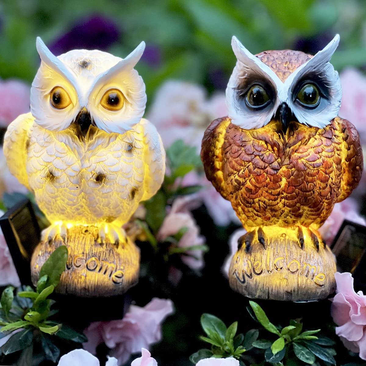 Owl Solar Garden Stake Lights, 2 Pack Owl Outdoor Path Solar Powered Owl Stake Lights for Walkway Yard Lawn Landscape Lighting (White&Brown)
