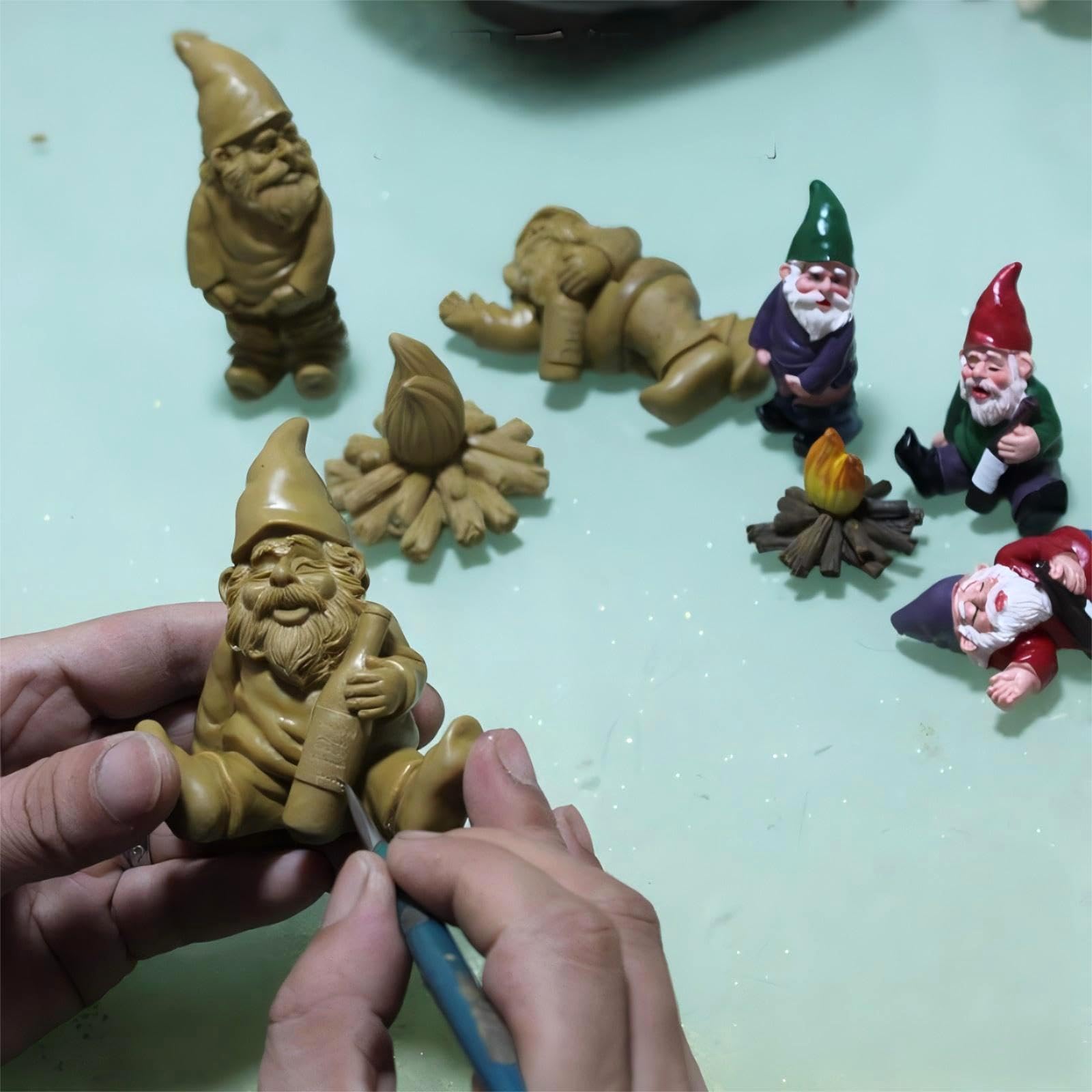 Set of 4 Mini Garden Gnomes with Campfire - 3 Drunk Gnome Figurines and 1 Campfire for Fairy Garden Decor, Plant Pot Decorations, Dashboard Ornaments, and Outdoor Spaces