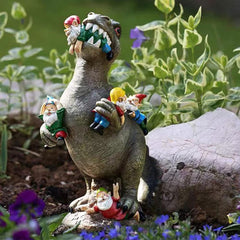 Garden Gnome Ornaments, Waterproof Eco-friendly Dinosaur Eating Gnomes Figurines Miniature Resin Statues for Yard Lawn Patio Party Halloween Decorations, 15*10*6