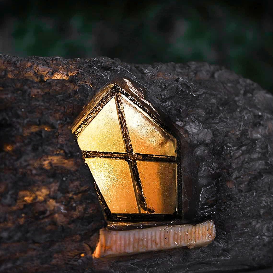 garden mile Solar Powered Light Up Log Fairy House Garden Solar Lighting Indoor Outdoor Ornament Wood Effect Resin Decoration - solar lights outdoor garden