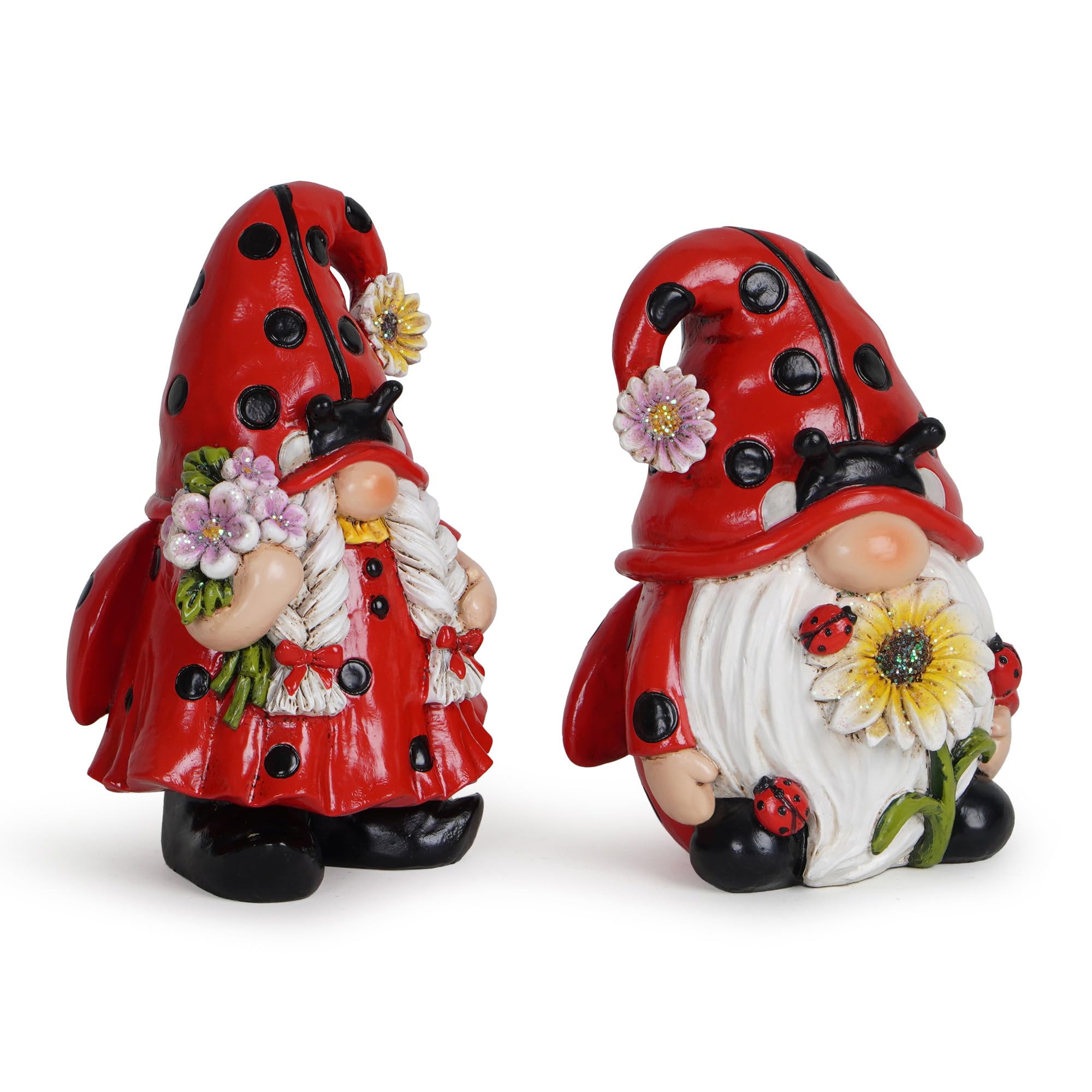 Hodao 2PCS Spring Ladybug Gnome Couple Ornaments Decor Summer Gnomes Figurines for Outdoor Garden Decor Ladybug Birthday Gift for Mom, Grandma, Women
