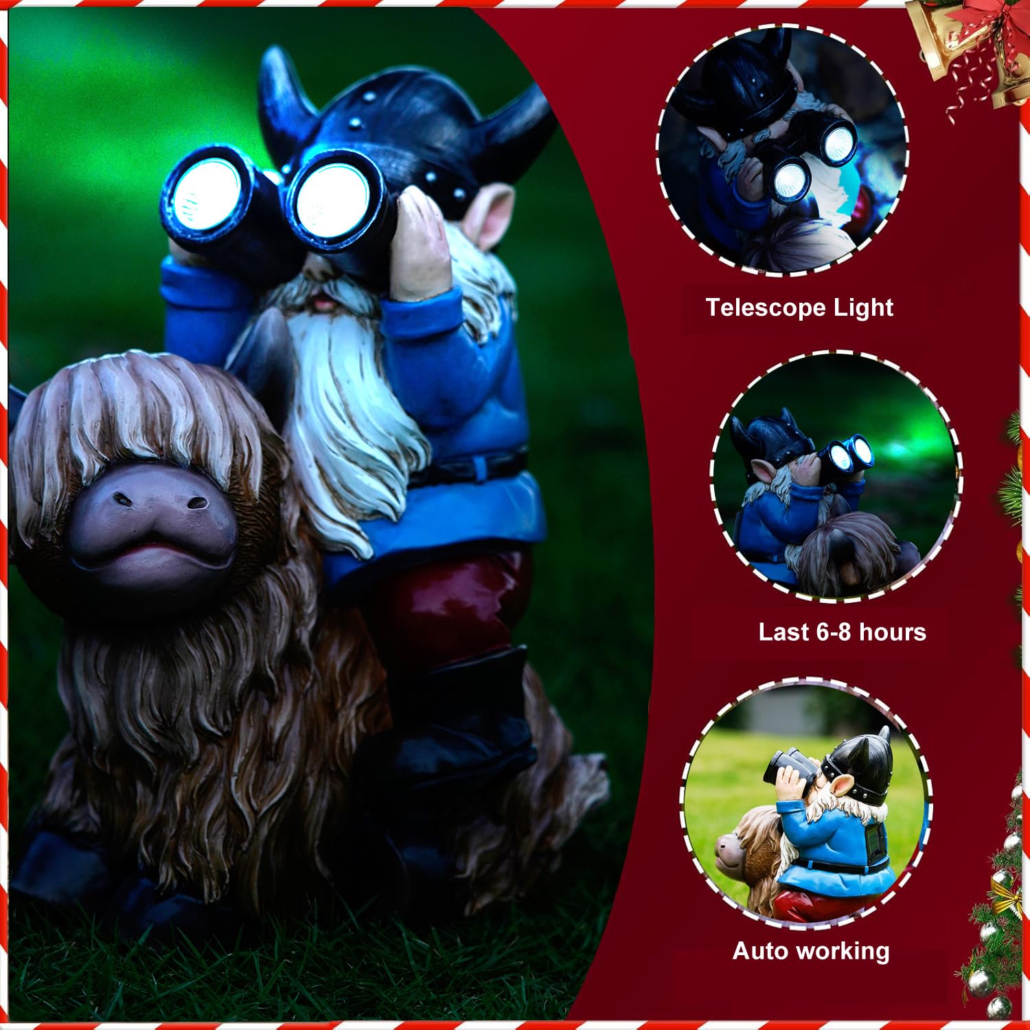 Joint Honglin Garden Gnome Statues Resin Gnome Sitting on Highland Cow Solar Lights Outdoor Telescope Gnome Gifts for Yard, Patio Decor Gift(Cow Gnome)