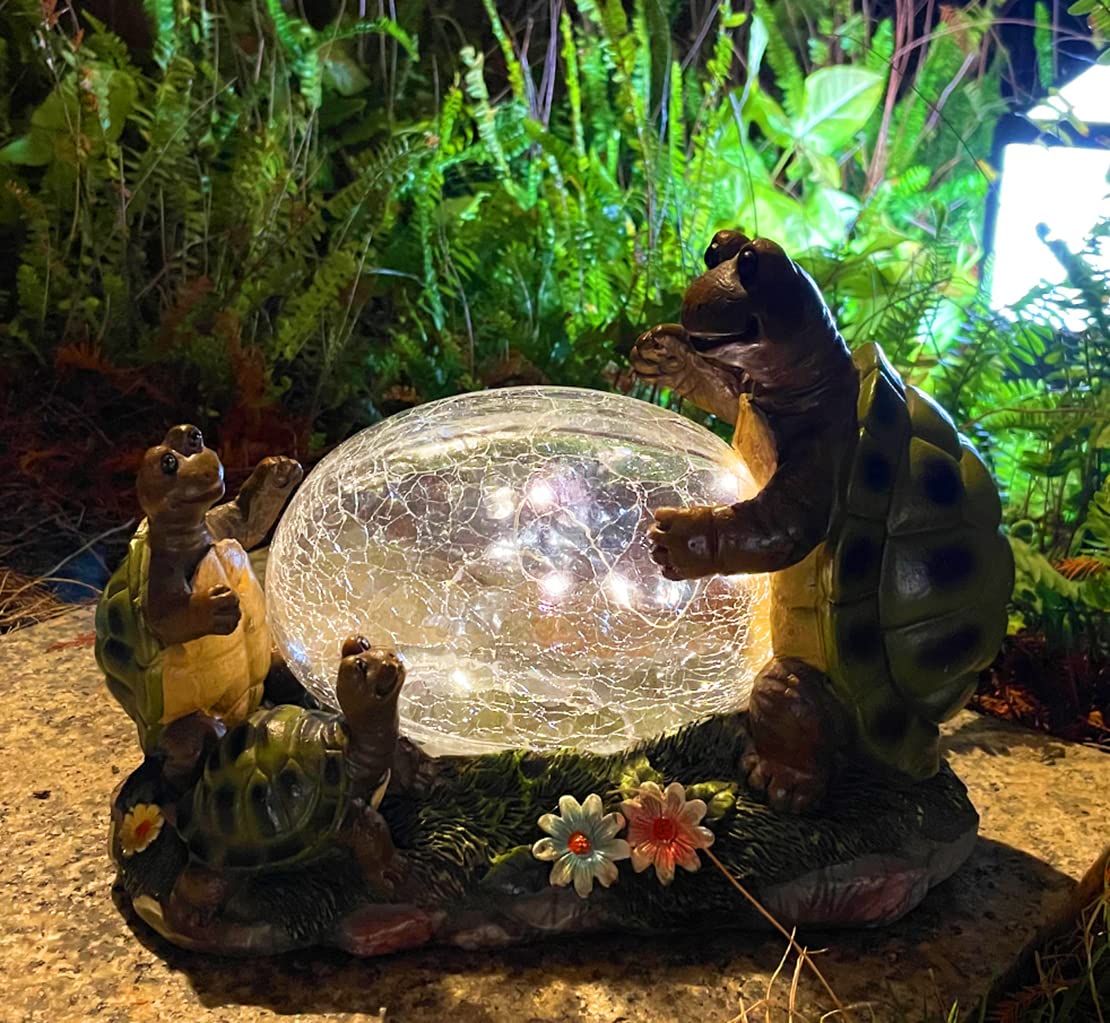 RAYWER Solar Powered Turtle Mama and Baby Outdoor Garden Light Decor, Garden Ornament (Turtles Family on a Lawn)