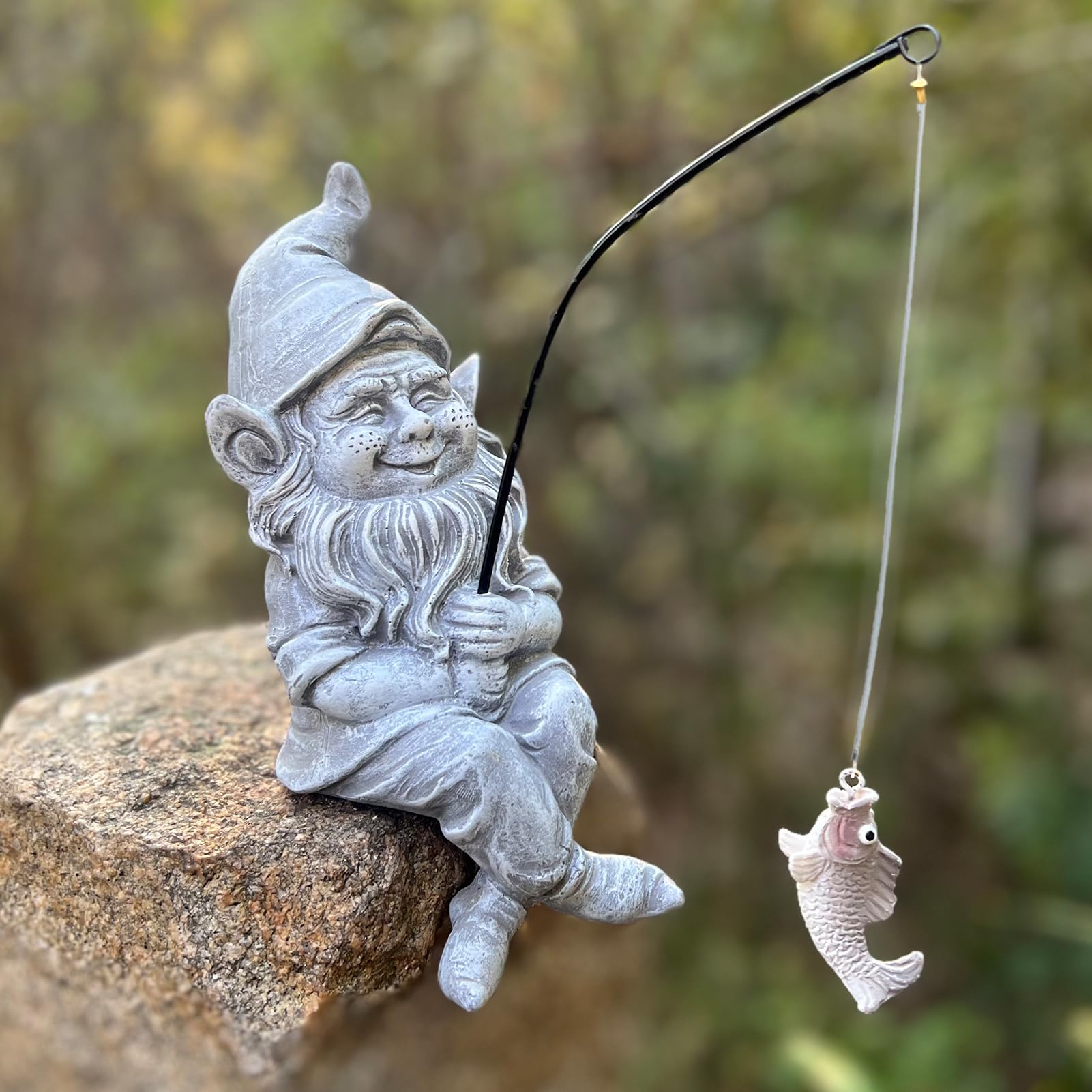 Garden Gnome Pond Statue Decoration, Fishing Gnome Garden Statue Outdoor Koi Pond or Waterfall Decor, 9.7" Stone Gnome Fishing Poolside Statue with Glow in Dark Pebbles Included, Great Gifts for Mom