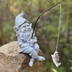 Garden Gnome Pond Statue Decoration, Fishing Gnome Garden Statue Outdoor Koi Pond or Waterfall Decor, 9.7" Stone Gnome Fishing Poolside Statue with Glow in Dark Pebbles Included, Great Gifts for Mom