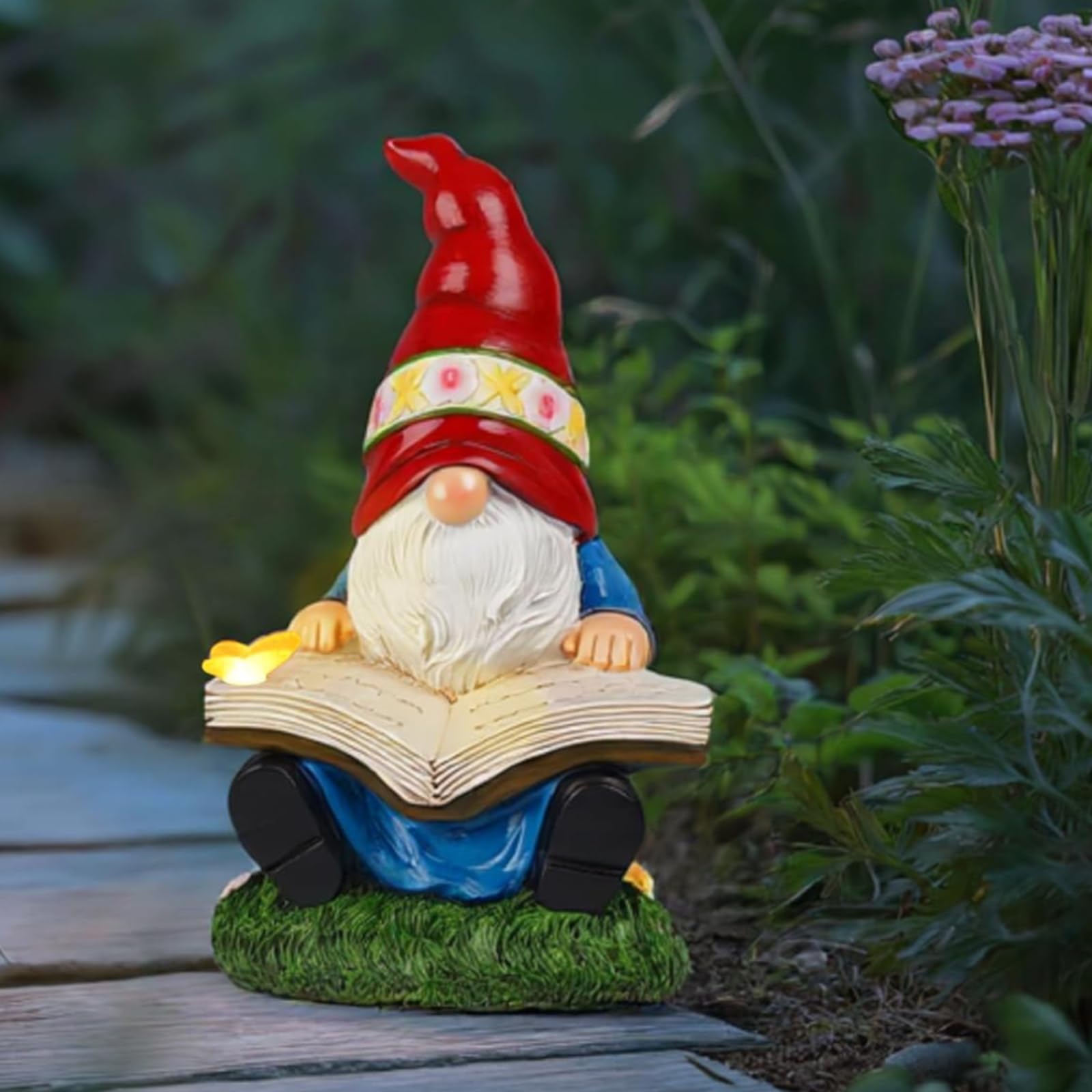Solar Garden Gnomes Outdoor Statues - Gnome Figurine Reading Book with Butterfly LED Lights Funny Gnomes for Garden Decor Yard Patio Lawn Ornaments Gifts for Women