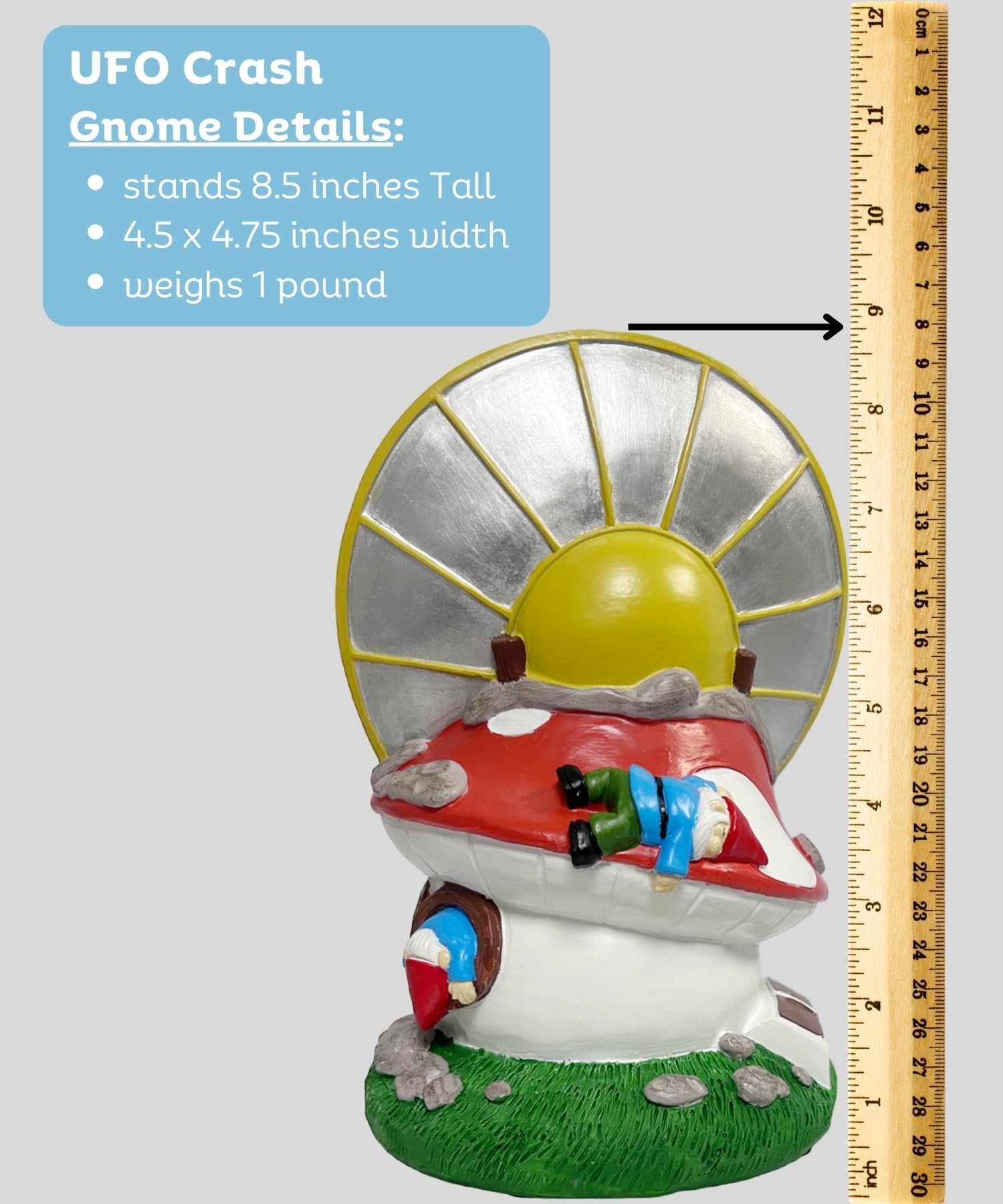 Gnometastic Gnomes - UFO Gnome, 8.85in, Mushroom House Garden Gnomes with Alien UFO Crash Landing - Funny Garden Gnomes Decorations for Yard and Outdoor Lawn Ornament and Fairy Garden Accessories
