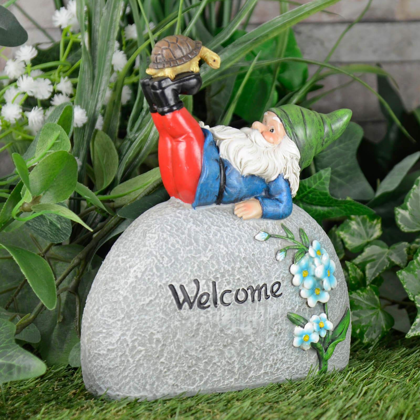 Garden Gnome Welcome Pebble Ornament Novelty Resin Decoration Outdoor - Green Hat