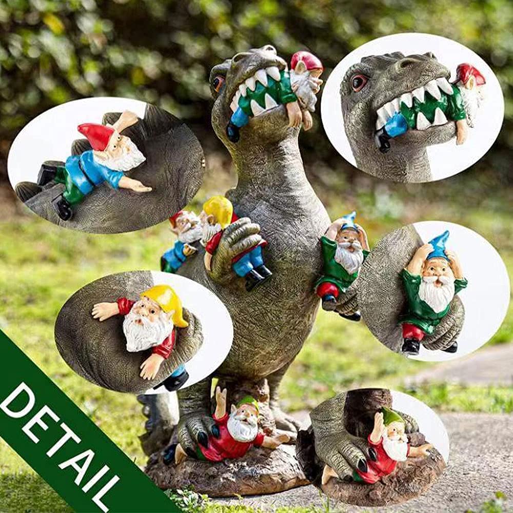 Garden Gnome Ornaments, Waterproof Eco-friendly Dinosaur Eating Gnomes Figurines Miniature Resin Statues for Yard Lawn Patio Party Halloween Decorations, 15*10*6