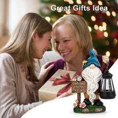 C&Y&G&X Garden Gnome Statue,Outdoor Gnome Decor Solar Lantern Lights and Welcome Sign,Yard Art Decorations, Ideal Housewarming Gift