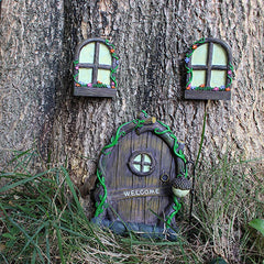 Set of 4 Fairy Door and Window for Tree, Mini Fairy Garden Glowing in the Dark with Lantern - Creative Garden Miniatures Tree Hugger Garden Sculptures Yard Art for Outdoor Trees Door