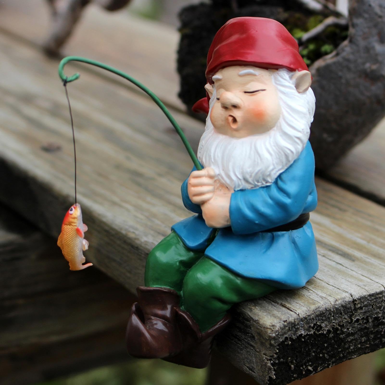 Fishing Garden Gnome Statue - Welcomes Little Guy With Rod, Funny Decorations for Pond Waterfalls