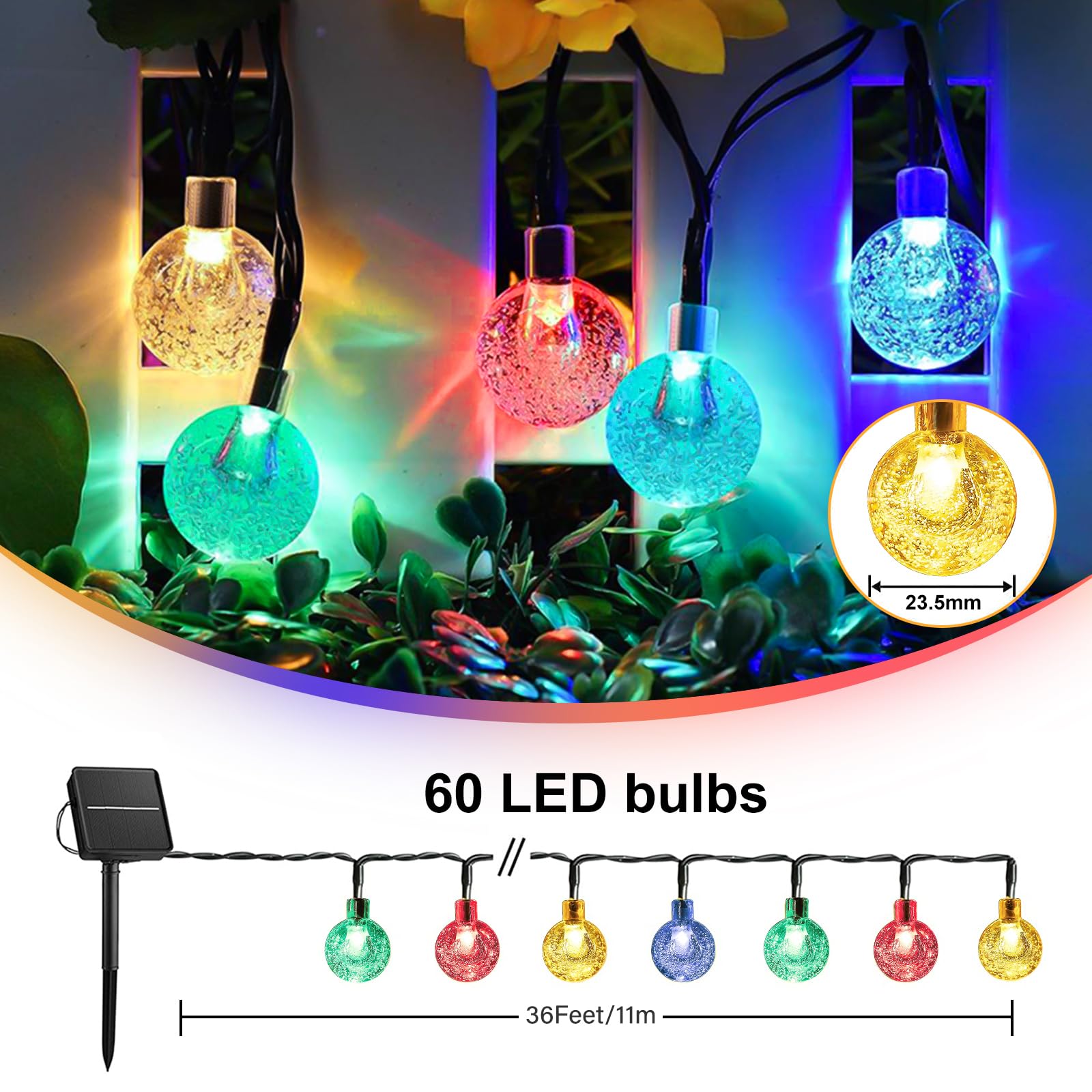 STANBOW Solar String Lights - 30FT/9M, 60 LED, Waterproof, Crystal Ball Lights With 8 Modes, Multicoloured, Decorative for Home, Yard, Patio, Party, Wedding