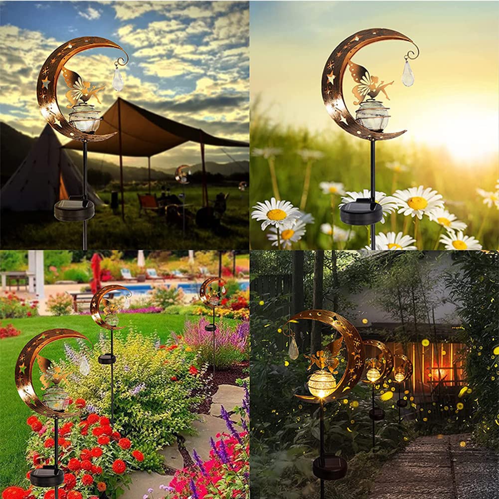 BomKra Solar Garden Ornaments Outdoor Fairy Solar Light Moon Star Crackle Glass Ball Stake Metal Lights Decorative Waterproof Warm White LED for Garden Pathway Lawn Patio Grave (A)
