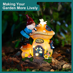ZQQLITE Garden Gnome Statues Figurine Lights - Solar Powered Lighting Outdoor Decorations, Gnome Build Mushroom House, Yard Art Lawn Ornaments for Porch Patio Balcony - Gnome Gifts for Women Mom