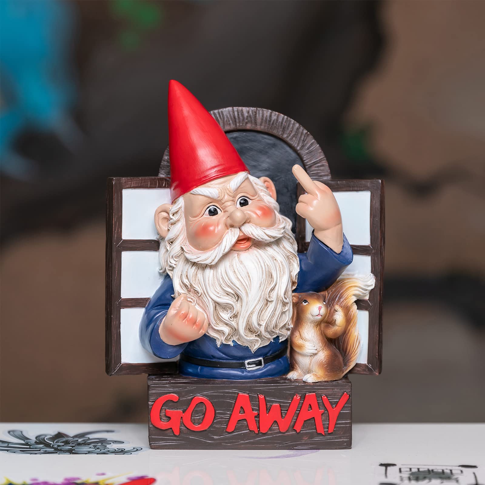Angry Middle Finger Gnome Garden Statue - Wacky Fantasy Naughty Gnome Figurine Flipping Off Guests - Resin Home Wall Tree Hanging Decor