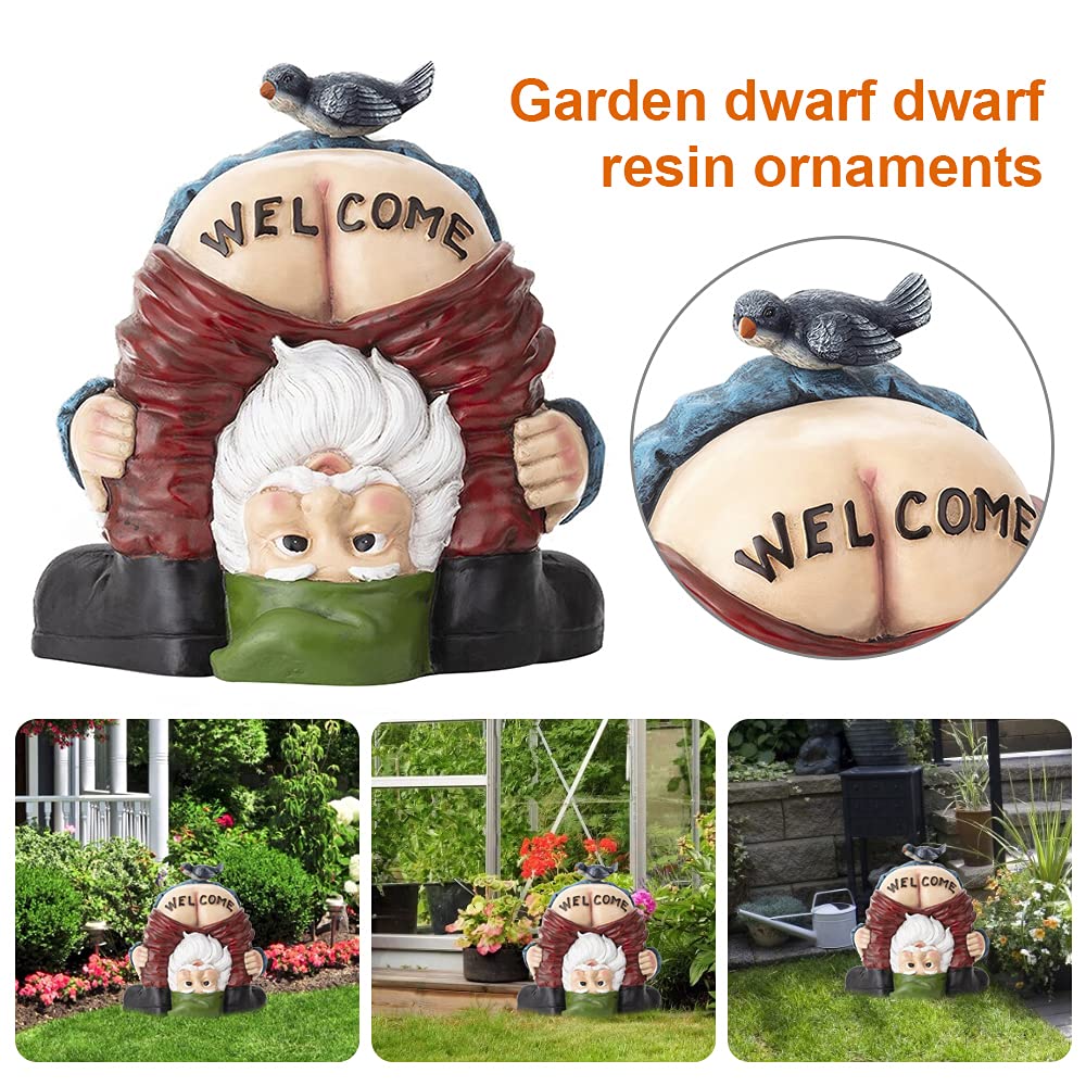 Garden Gnome Statue Water Resistant Funny Resin Garden Figurines Miniature Fairy Gnomes Garden Decoration for Indoor Outdoor Backyard Decor Patio Yard Lawn Ornaments Gift (Welcome)