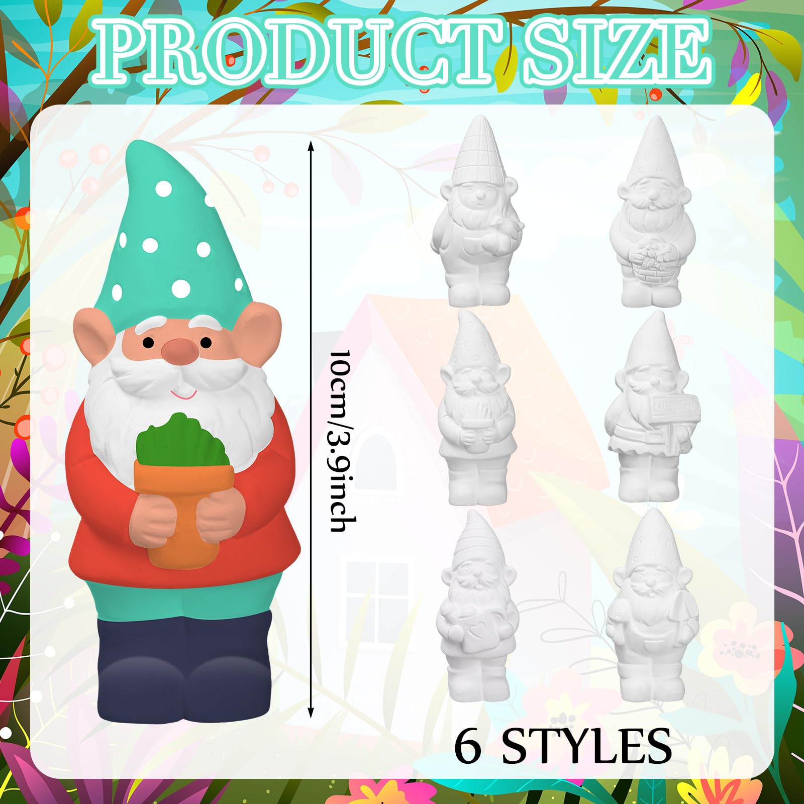 Simgoing 6 Sets Ready to Paint Your Own Garden Gnomes Statues Summer DIY Unfinished Ceramic Gnomes for Painting Figures Plaster Arts and Crafts with Brush Palette for Adults
