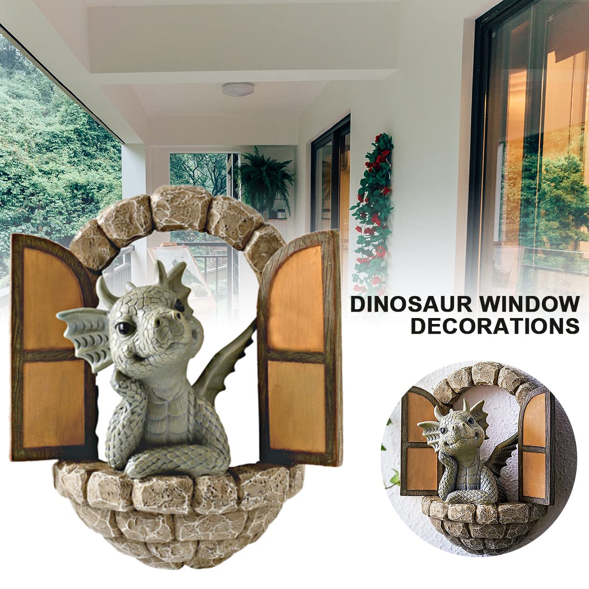 Courtyard Dinosaur Sculpture Wall Decoration, Weatherproof Resin Garden Statue Dinosaur Gnome Miniatures, Cute Dragon Garden Ornaments for Indoor Outdoor Wall Art Patio Yard Landscaping Decoration