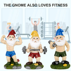 Funny Workout Garden Gnomes Statues, 3pcs 15.5cm Outdoor Funny The Muscular, Barbell and Dumbbell Gnomes Decorations Set for Yard, Lawn, Patio (Workout Gnomes Set)