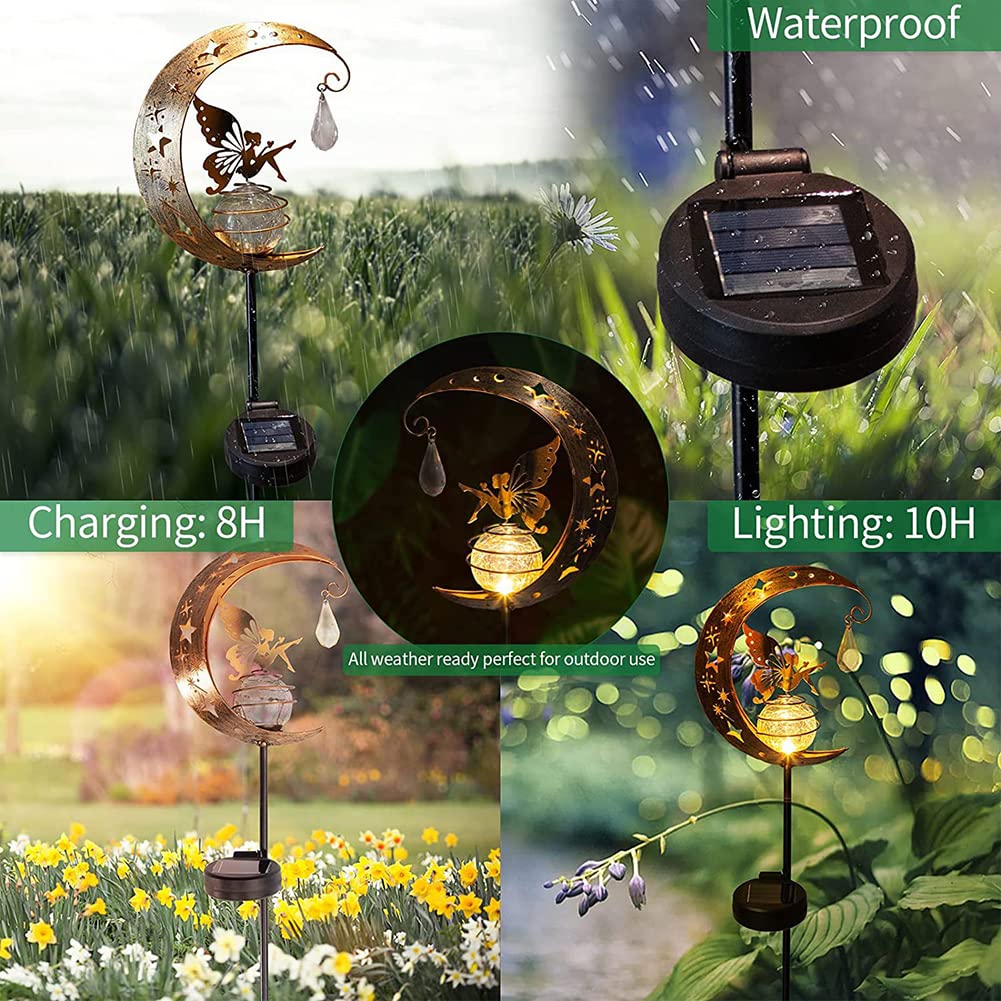 BomKra Solar Garden Ornaments Outdoor Fairy Solar Light Moon Star Crackle Glass Ball Stake Metal Lights Decorative Waterproof Warm White LED for Garden Pathway Lawn Patio Grave (A)