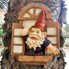 Garden Gnomes Elf Open Window Tree Hugger, Knothole Welcome Gnomes Garden Tree Sculptures, Tree Face Garden Gift, Open The Window Garden Peeker Yard Art for Tree Resin, 12 inch