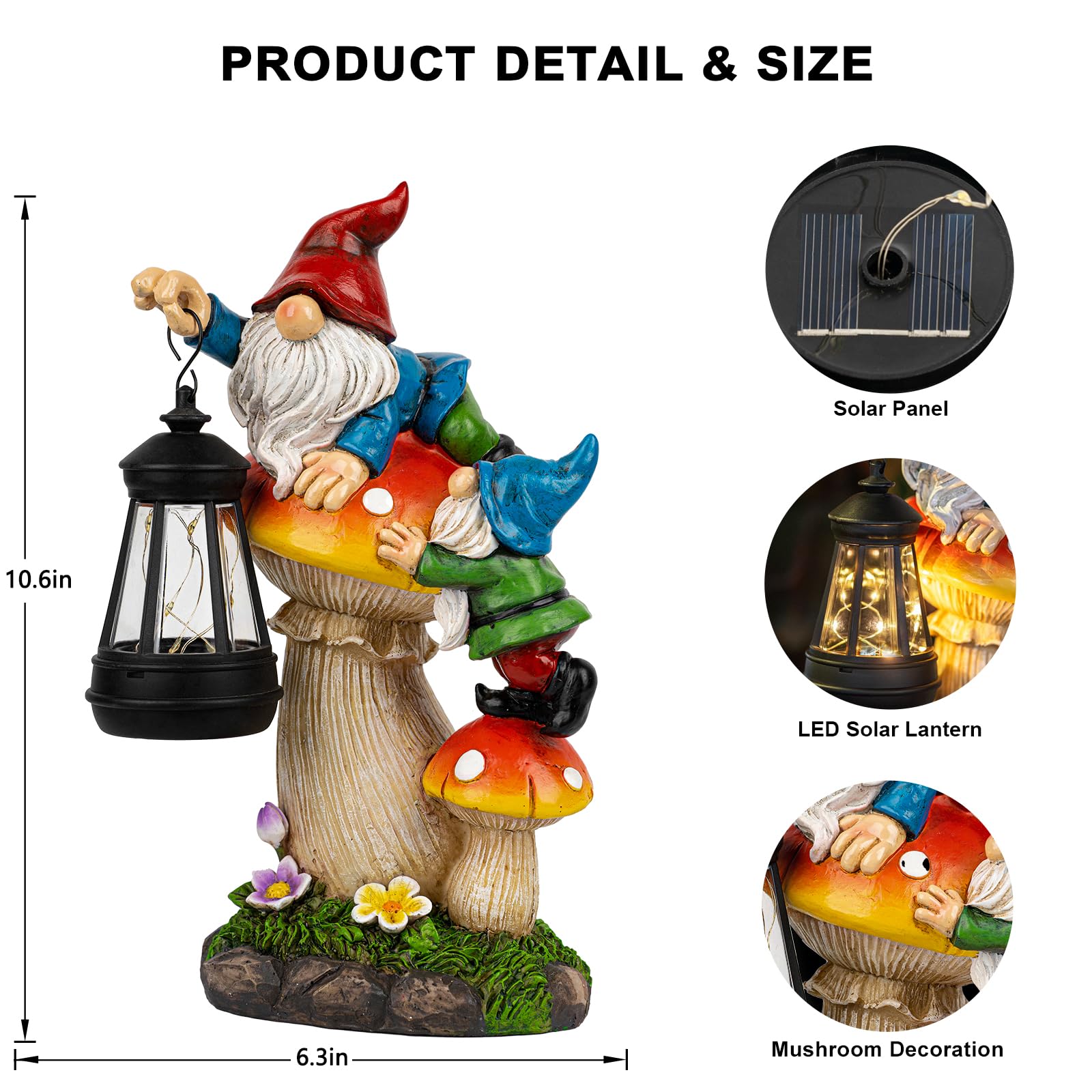 C&Y&G&X Solar Garden Gnome, Mushroom Design with Bright Solar Lantern,Cute Gnome Garden Decor