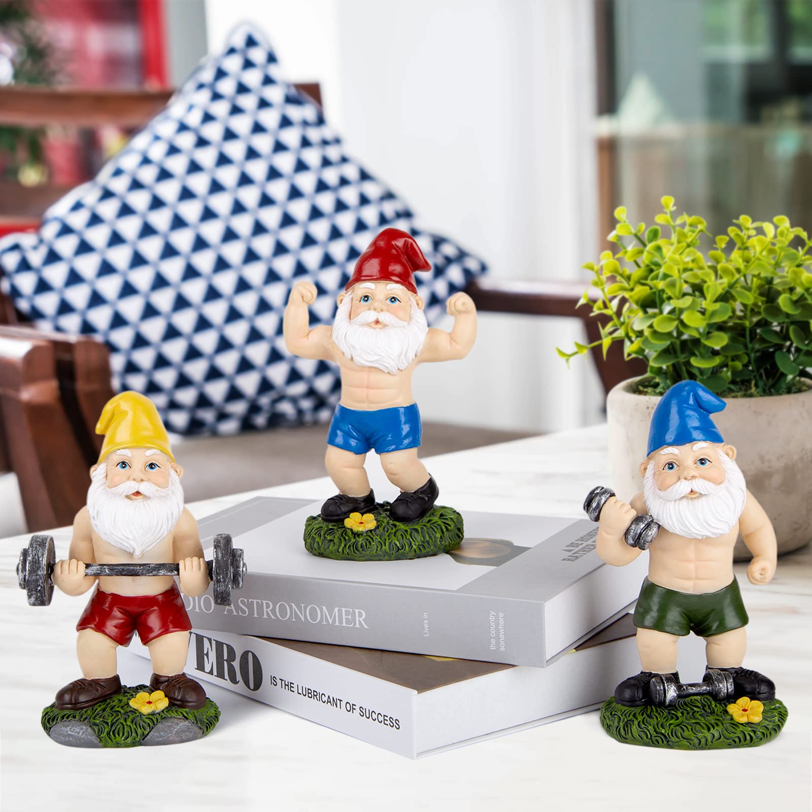 Funny Workout Garden Gnomes Statues, 3pcs 15.5cm Outdoor Funny The Muscular, Barbell and Dumbbell Gnomes Decorations Set for Yard, Lawn, Patio (Workout Gnomes Set)