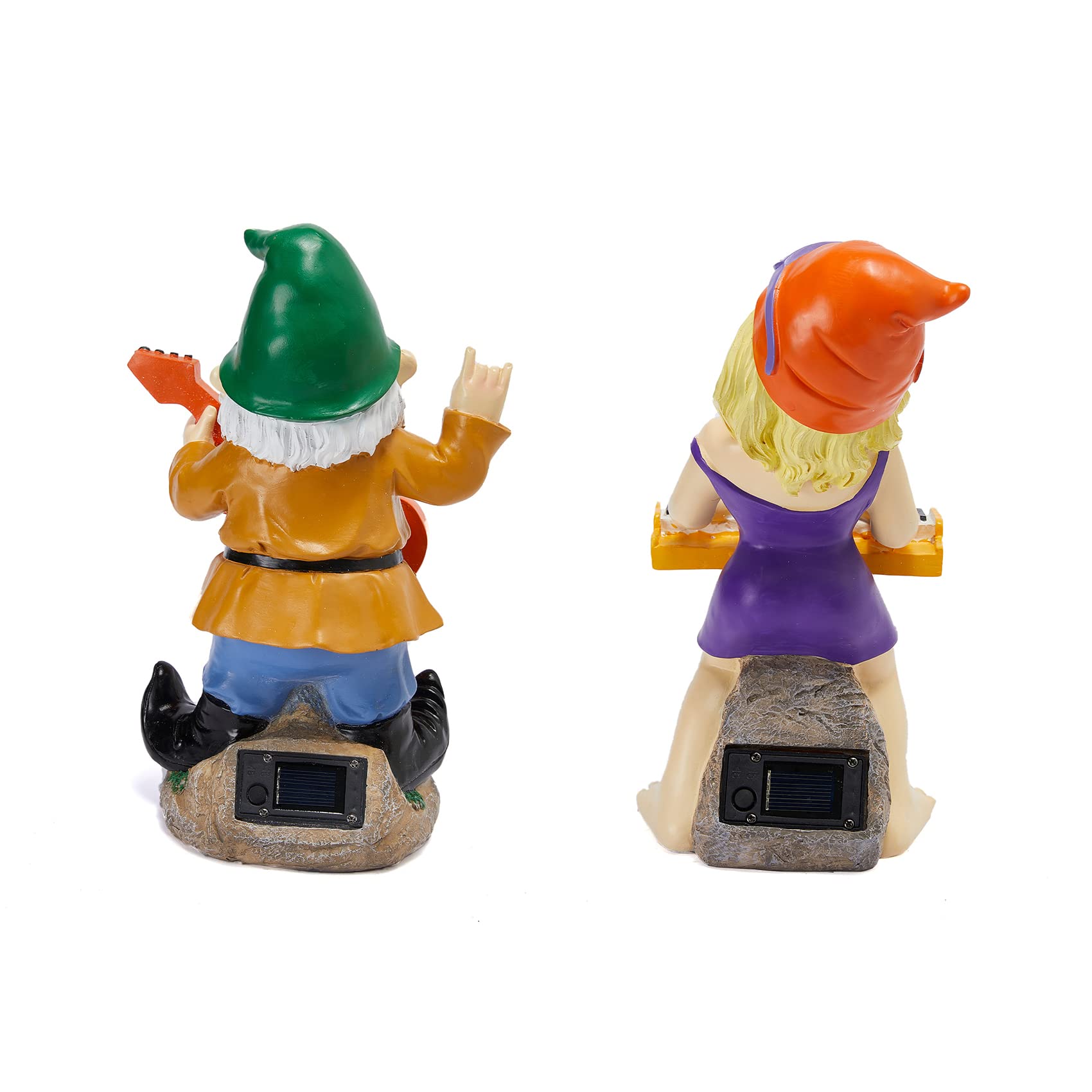 Rock N Roll Musician Gnomes with Solar LED Light Instruments | Set of 2 | Musician, Pianist, Guitarist Garden Statue, Yard Art Décor, Indoor & Outdoor Ornament for Lawn, Patio Sculpture - 10"-11" H