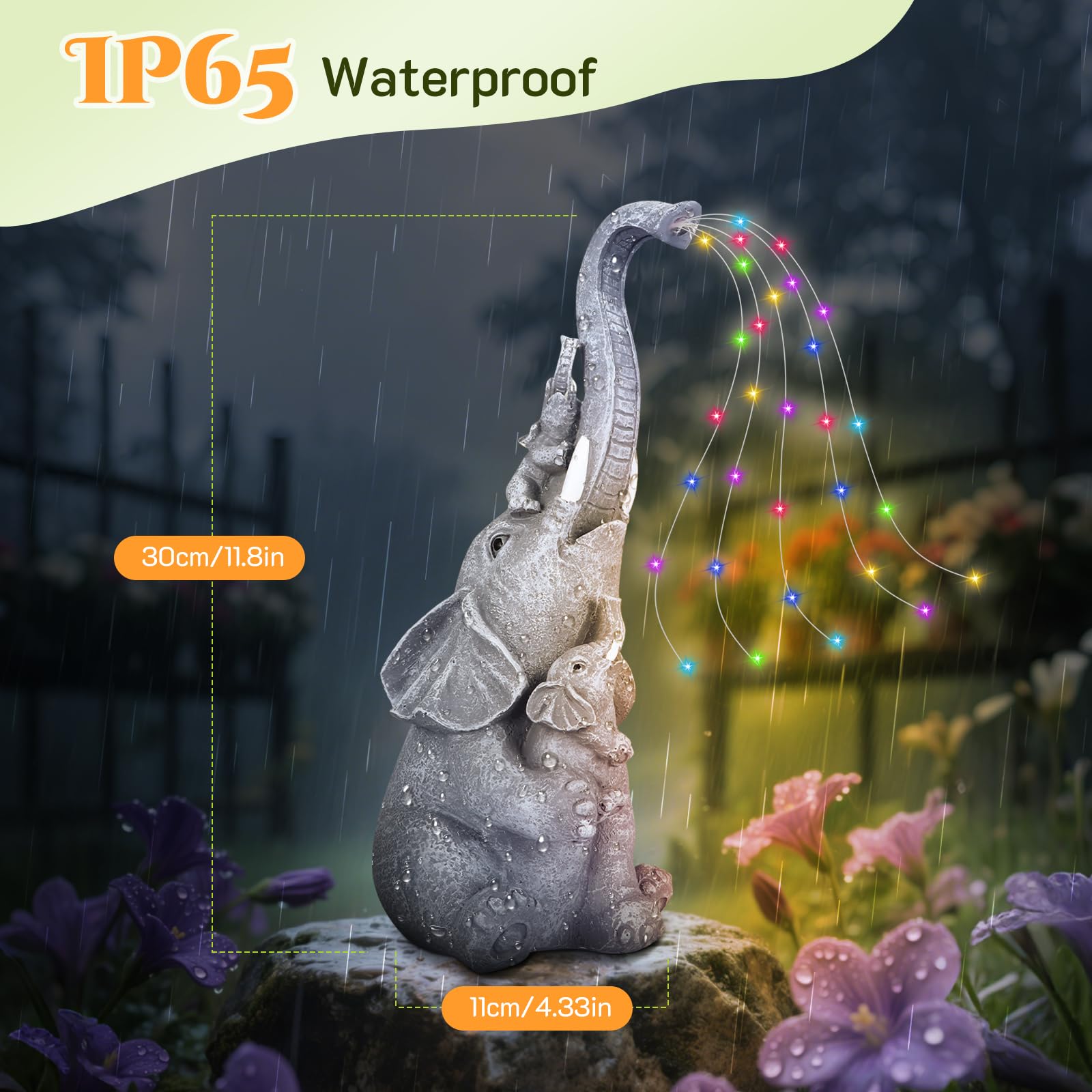 QCXWCJWD Garden Ornaments Outdoor Elephant Statue, 30cm Elephant Statue with Solar Watering Lights, Resin Elephant Ornaments with Solar Lights for Patio Yard, Waterproof Garden Elephant Gifts for Mum