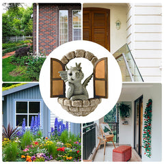 Courtyard Dinosaur Sculpture Wall Decoration, Weatherproof Resin Garden Statue Dinosaur Gnome Miniatures, Cute Dragon Garden Ornaments for Indoor Outdoor Wall Art Patio Yard Landscaping Decoration