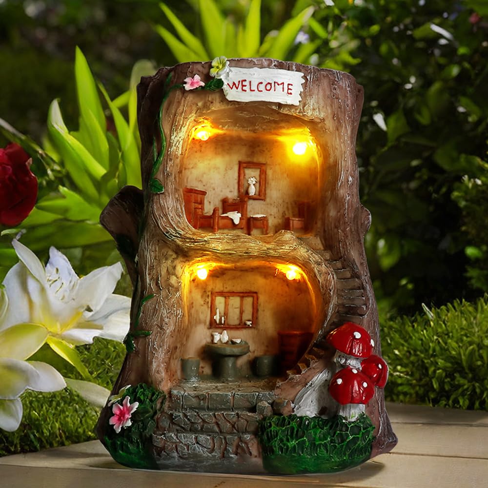 BEXLEYBAY Solar Light Gnome Fairy House Outdoor Statues, Big Size Elf Miniature Buildings Sculptures for Garden Patio Lawn Path Decorations, 8" Tall